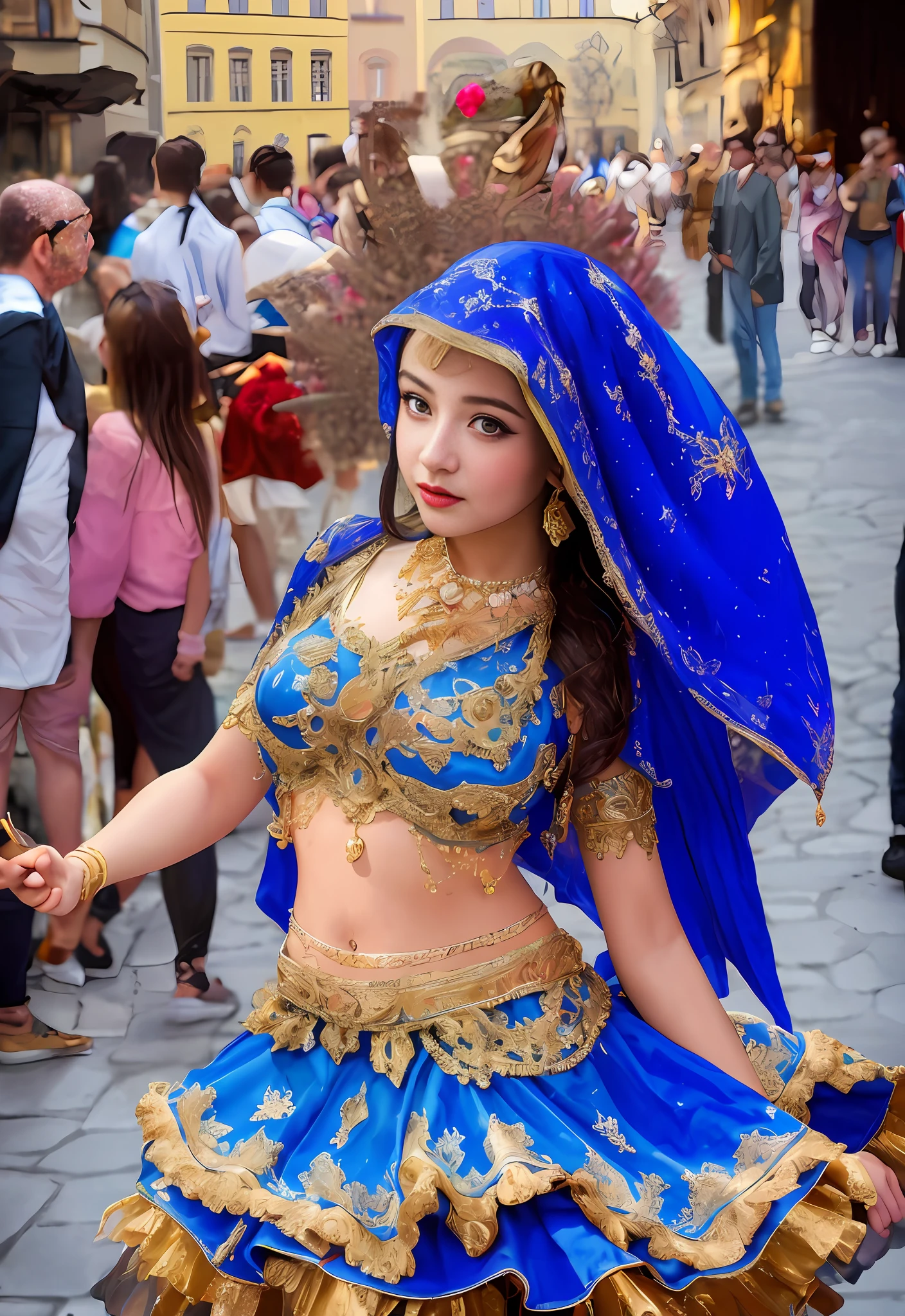 (masterpiece, best quality, realistic),
1girl,Prague Old Town Square background, gypsy dress, (princess eyes,shiny pupils),dancing, intricate dress, gold, gypsy person, banquet, crowd, picking up skirt,pale skin,
[slight smile],