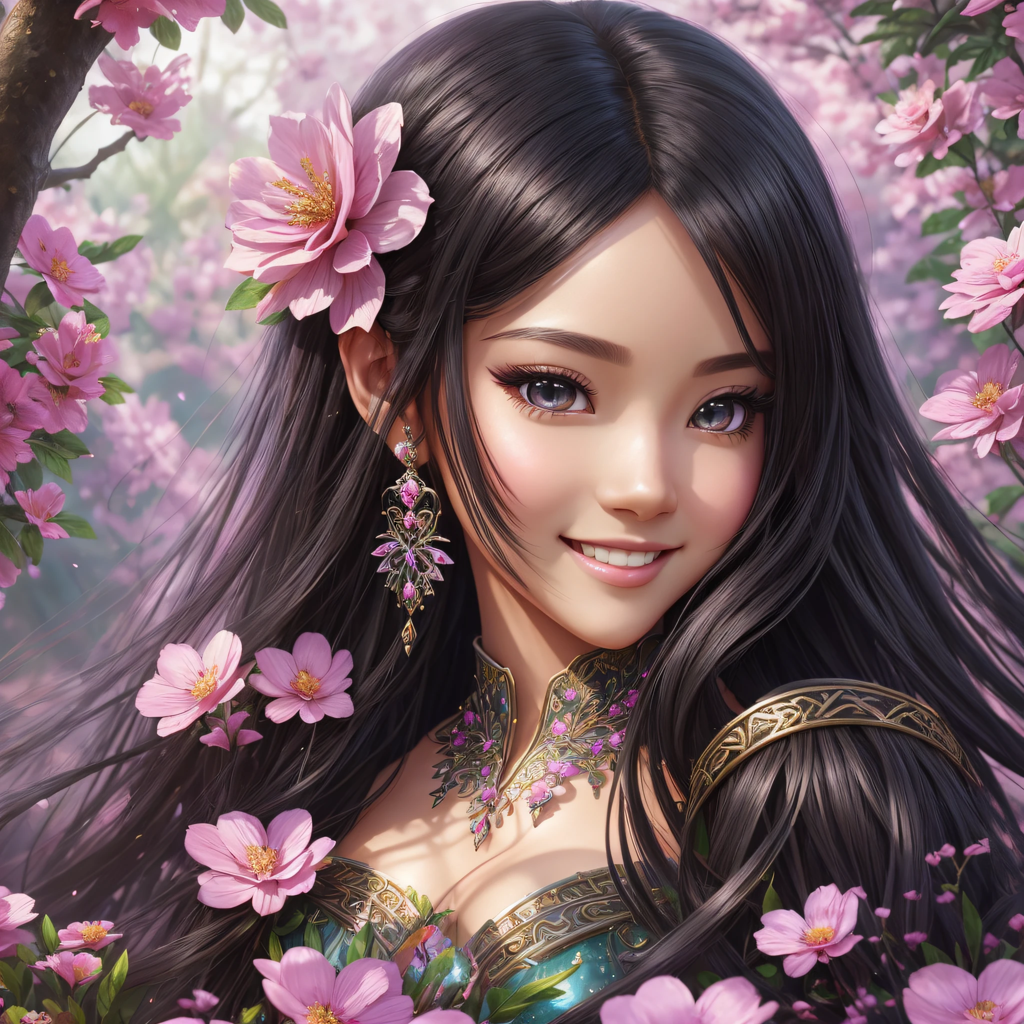 a woman dressed as a princess in a garden, pink half of black cute dress, stunning 3d render, hyper detailed face, wide over all view , (pretty smiling face) ,( double eyelid), beautiful fantasy painting, beautiful fantasy art, anime fantasy artwork, very beautiful fantasy art, magical fairy background, colorfull digital fantasy art, digital art fantasy art, photo realistic , HD ,3D highlight , highly detailed , black (long) hair, fantasy art , best position ( side view) --auto --s2
