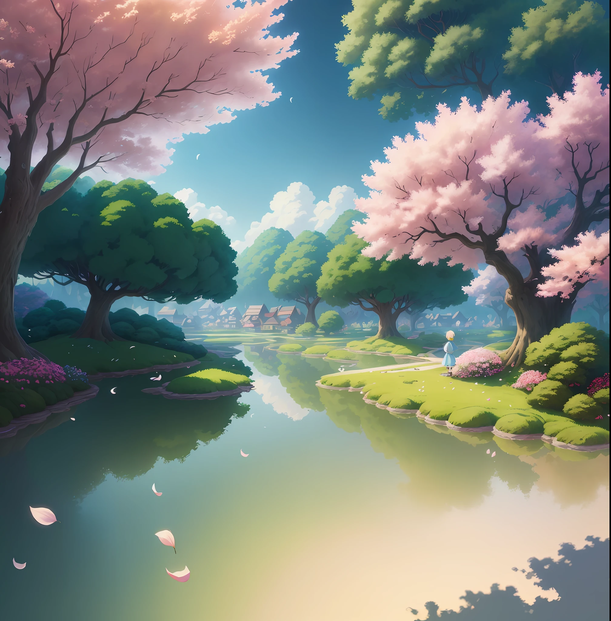 Masterpiece, best quality, (very detailed CG unity 8k wallpaper) (best quality), (best illustration), vibrant colors, Hayao Miyazaki style village vibrant colors petals floating in the air