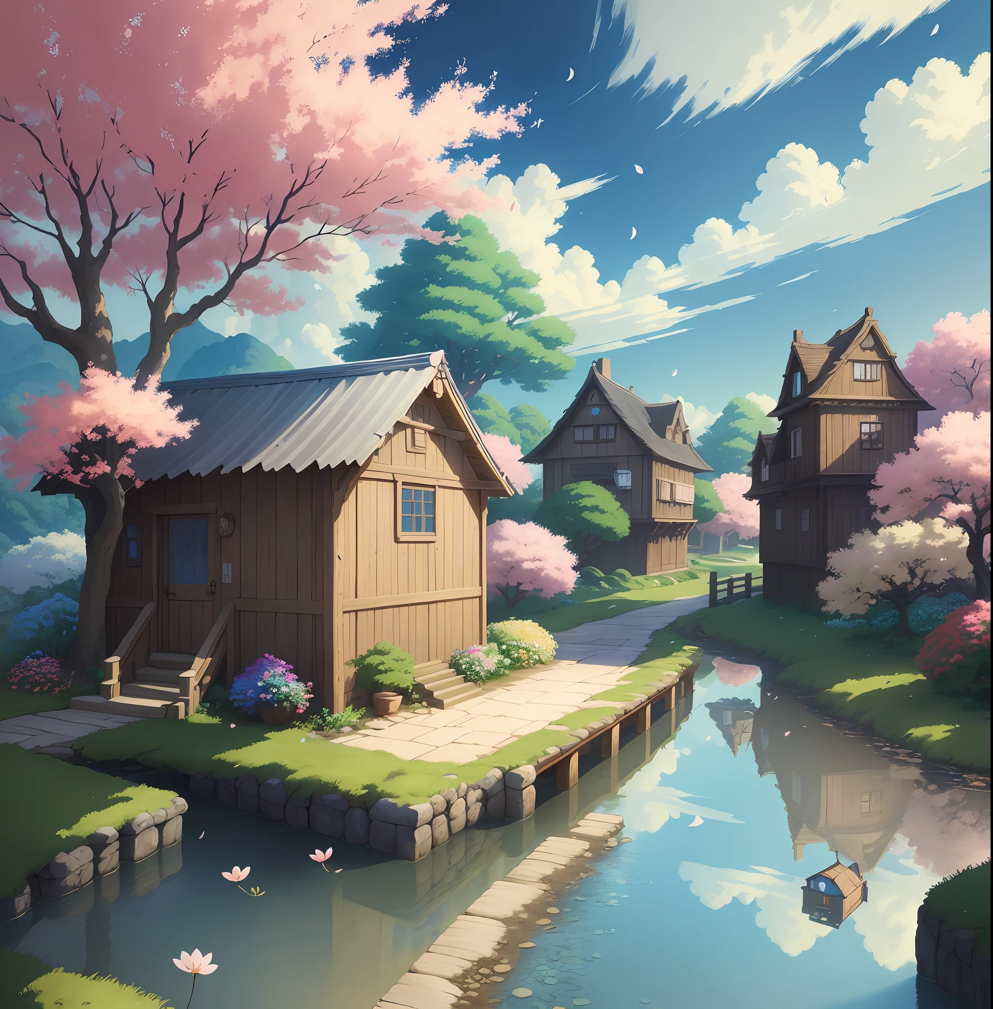 Masterpiece, best quality, (very detailed CG unity 8k wallpaper) (best quality), (best illustration), vibrant colors, Hayao Miyazaki style village vibrant colors petals floating in the air