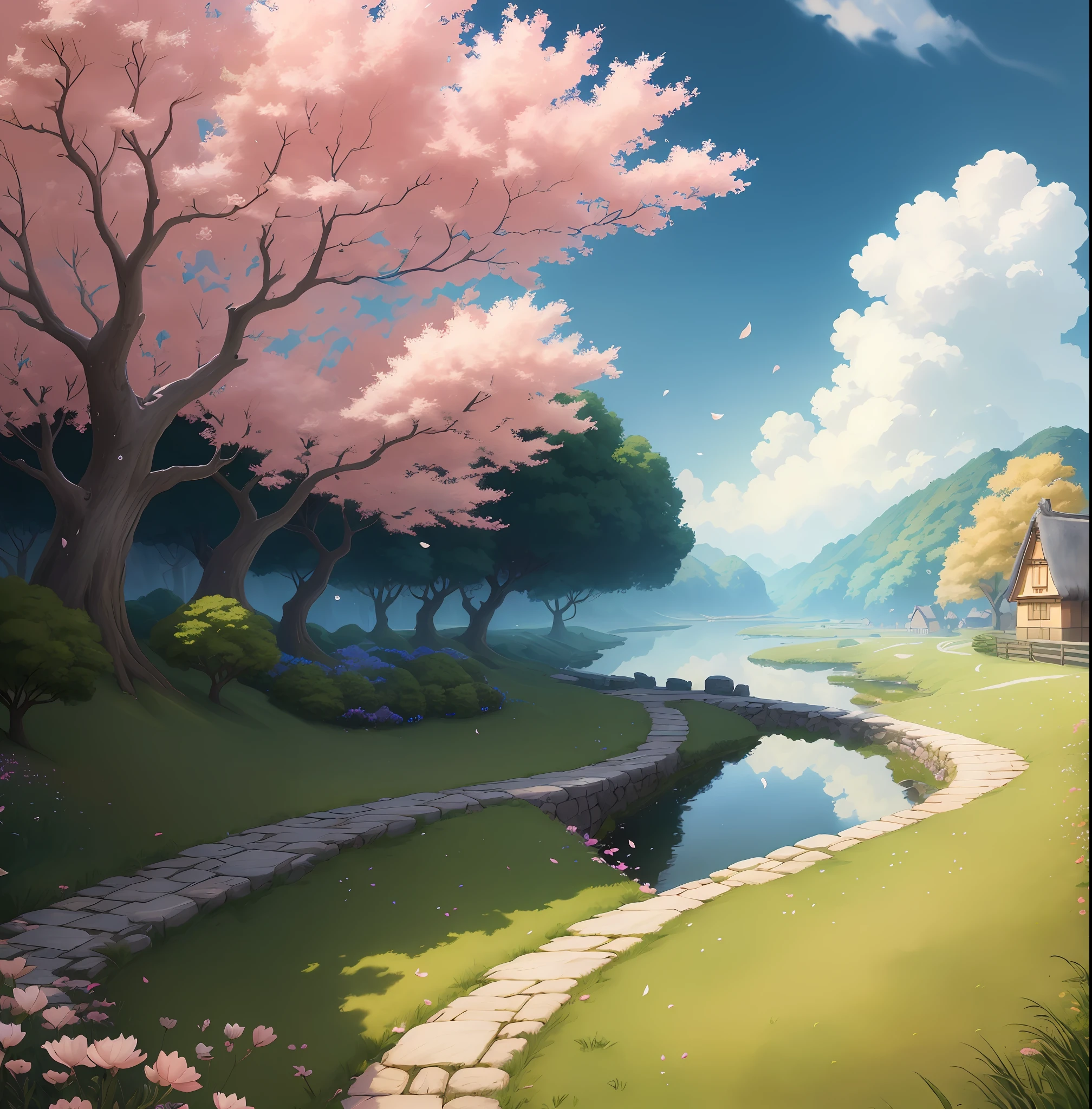 Masterpiece, best quality, (very detailed CG unity 8k wallpaper) (best quality), (best illustration), vibrant colors, Hayao Miyazaki style village vibrant colors petals floating in the air