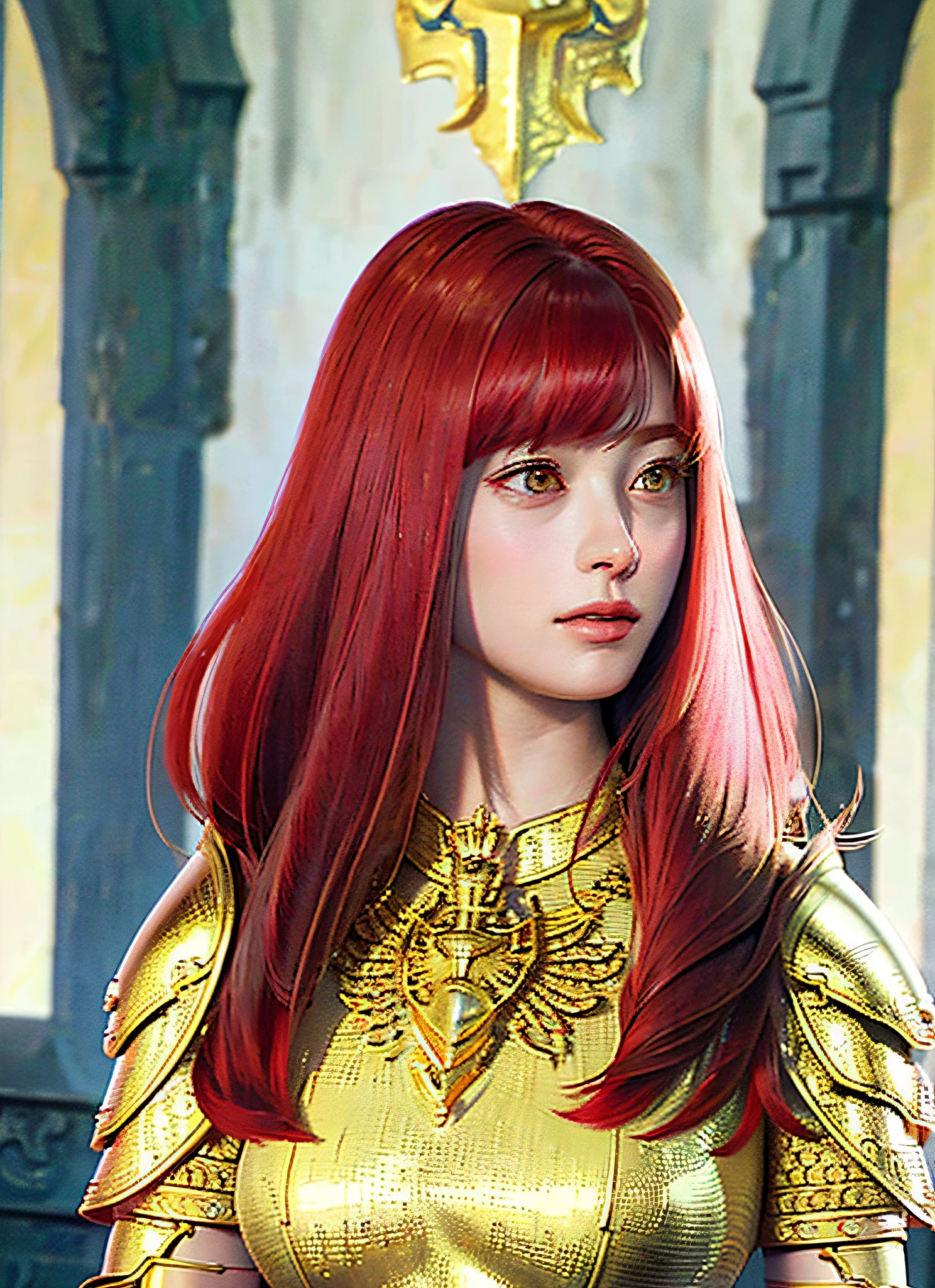 (Realistic, Portrait: 1.3), Intricate Details, Colossal, Micro Bikini, Jewelry (Detailed Women's Armor: 1.3), (Gorgeous Gold Armor: 1.2), 1 Girl, Solo, Long Hair, Wind, Gorgeous Face, Best Quality, Masterpiece, Maximum Detail, Diffused Lighting, (Red Hair: 1.3), Valhalla Valkyrie, Mechanical Arm,