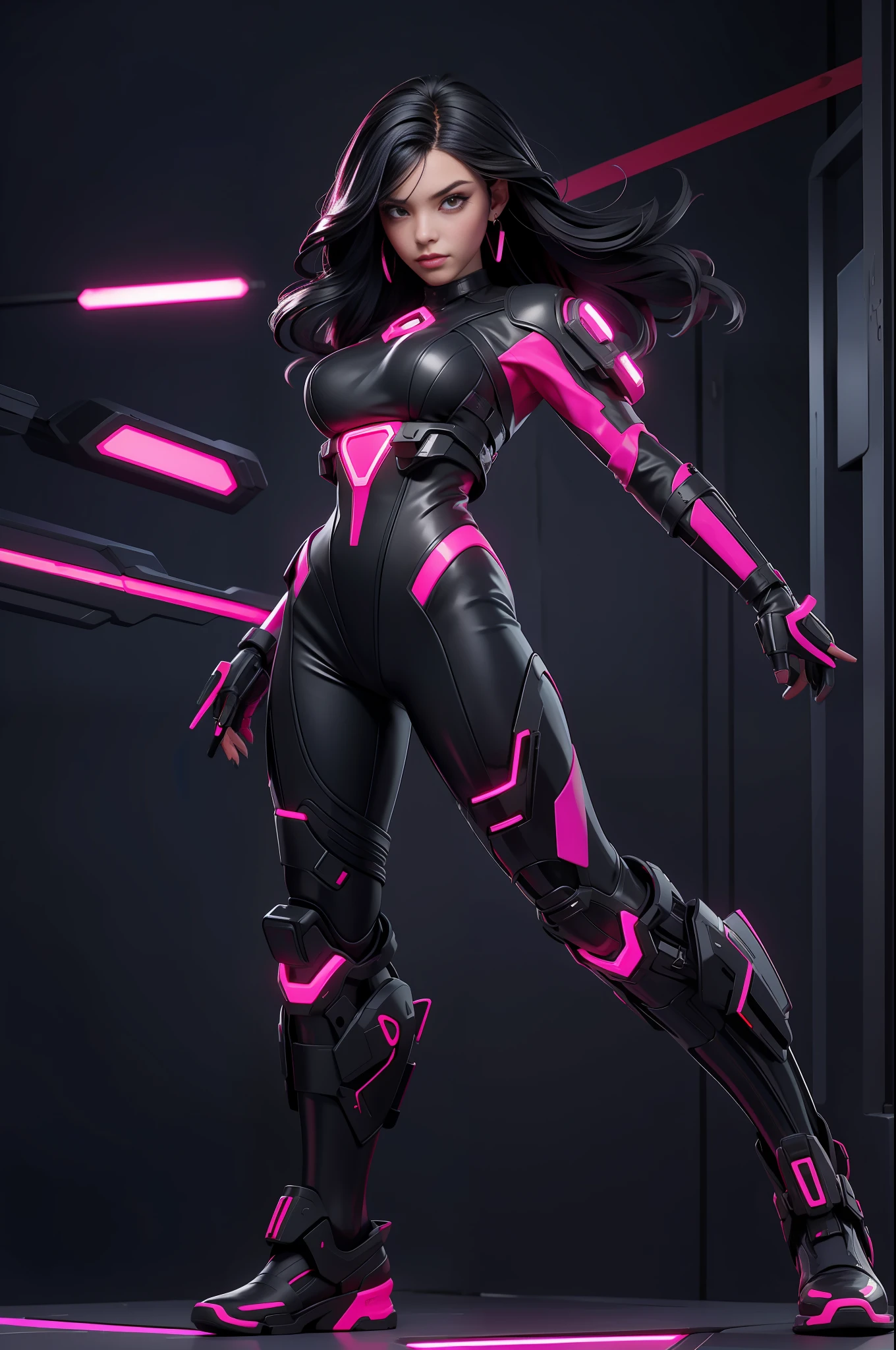 solo, super fine photo, full body portrait Unreal Engine 5 8K UHD of beautiful and aesthetic girl, gorgeous, black short wavy hair, red and black color scheme tight cybernetic latex catsuit, cyberpunk assassin, cybernetic half face mask, earrings, latex body straps, cybernetic long heel, cybernetic long glove, arm cuffs and leg cuffs, cyberpunk world, futuristic design, magenta neon lights details, beautiful make up, best quality, masterpiece, official art, unified 8k wallpaper, super detailed, sharp focus, dynamic pose