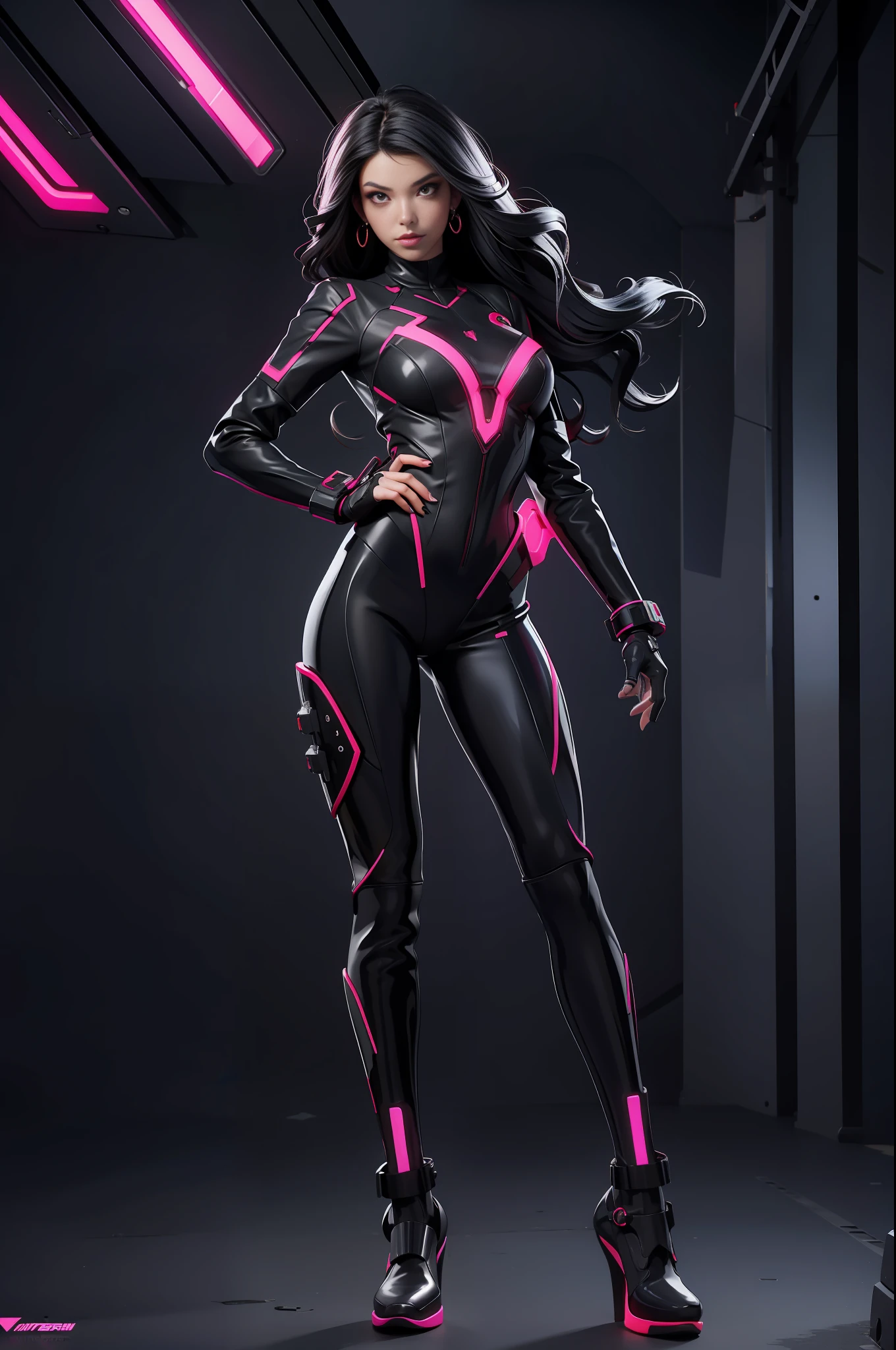 solo, super fine photo, full body portrait Unreal Engine 5 8K UHD of beautiful and aesthetic girl, gorgeous, black short wavy hair, red and black color scheme tight cybernetic latex catsuit, cyberpunk assassin, cybernetic half face mask, earrings, latex body straps, cybernetic long heel, cybernetic long glove, arm cuffs and leg cuffs, cyberpunk world, futuristic design, magenta neon lights details, beautiful make up, best quality, masterpiece, official art, unified 8k wallpaper, super detailed, sharp focus, dynamic pose