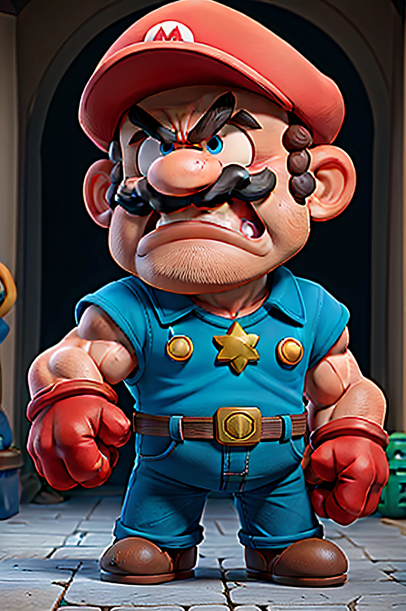 masterpiece, best quality, muscular shirtless angry super mario in the sewer