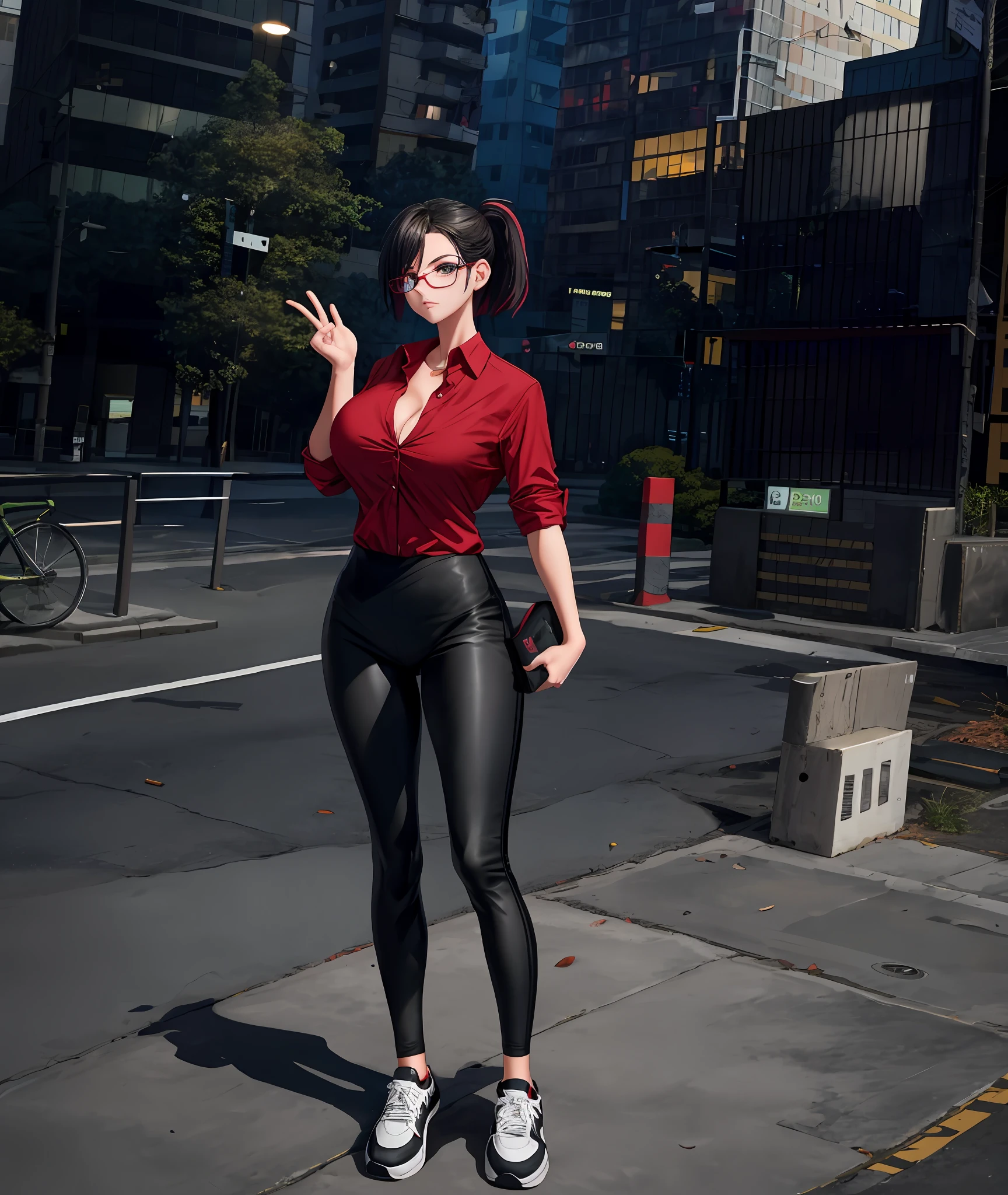 leggings, black vans sports shoes, red unbuttoned formal shirt, rolled up sleeves, lenses, large breasts, large breasts, short hair with ponytail, green eyes, nothing in the hands, on a simple background, empty hands, thin complexion, tender face, pretty face, very large breasts, stand, full body, thin, big butt,