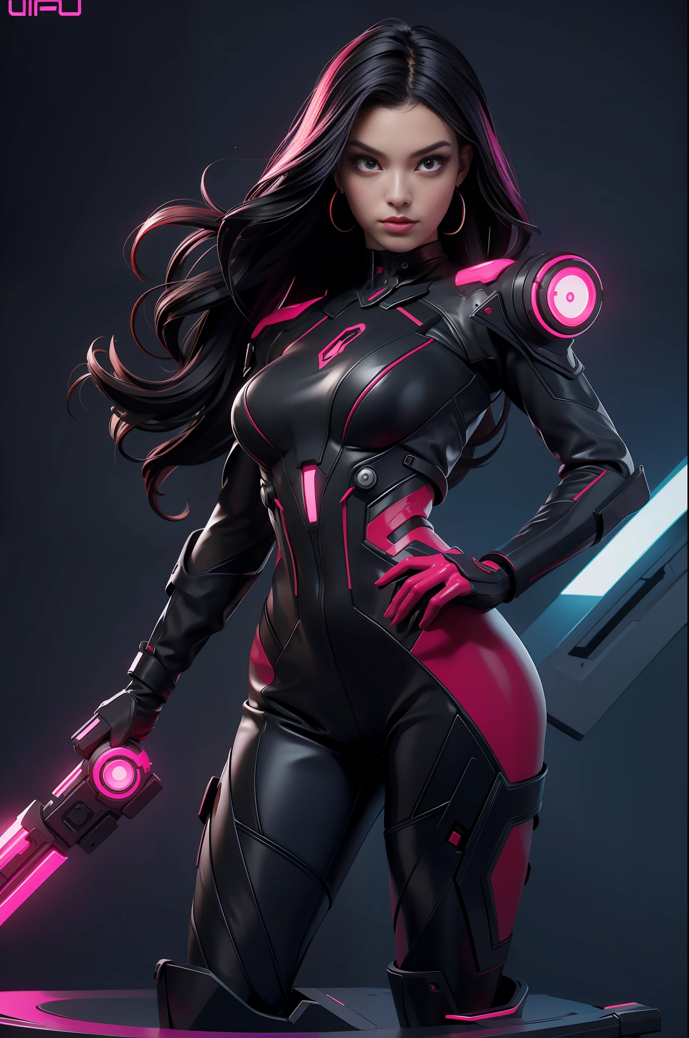 solo, super fine photo, full body portrait Unreal Engine 5 8K UHD of beautiful and aesthetic girl, gorgeous, black short wavy hair, red and black color scheme tight cybernetic latex catsuit, cyberpunk assassin, cybernetic half face mask, earrings, latex body straps, cybernetic long heel, cybernetic long glove, arm cuffs and leg cuffs, cyberpunk world, futuristic design, magenta neon lights details, beautiful make up, best quality, masterpiece, official art, unified 8k wallpaper, super detailed, sharp focus, dynamic pose, body parts