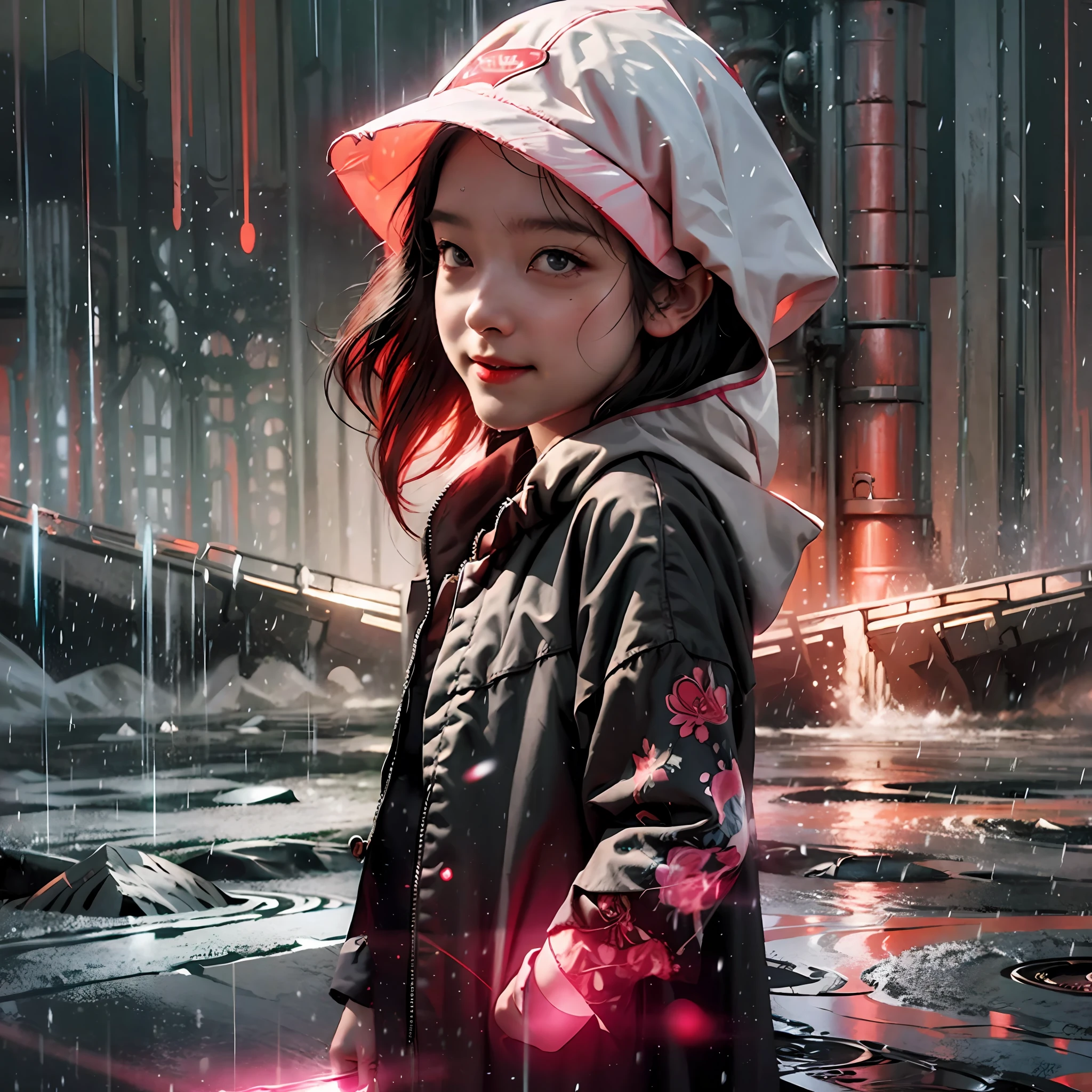 4K hyper-realistic style, Silent Hill black and white background, light rain, an innocent smiling  girl in a red raincoat pointing into the distance, a glowing sphere on the right side of the picture --auto --s2