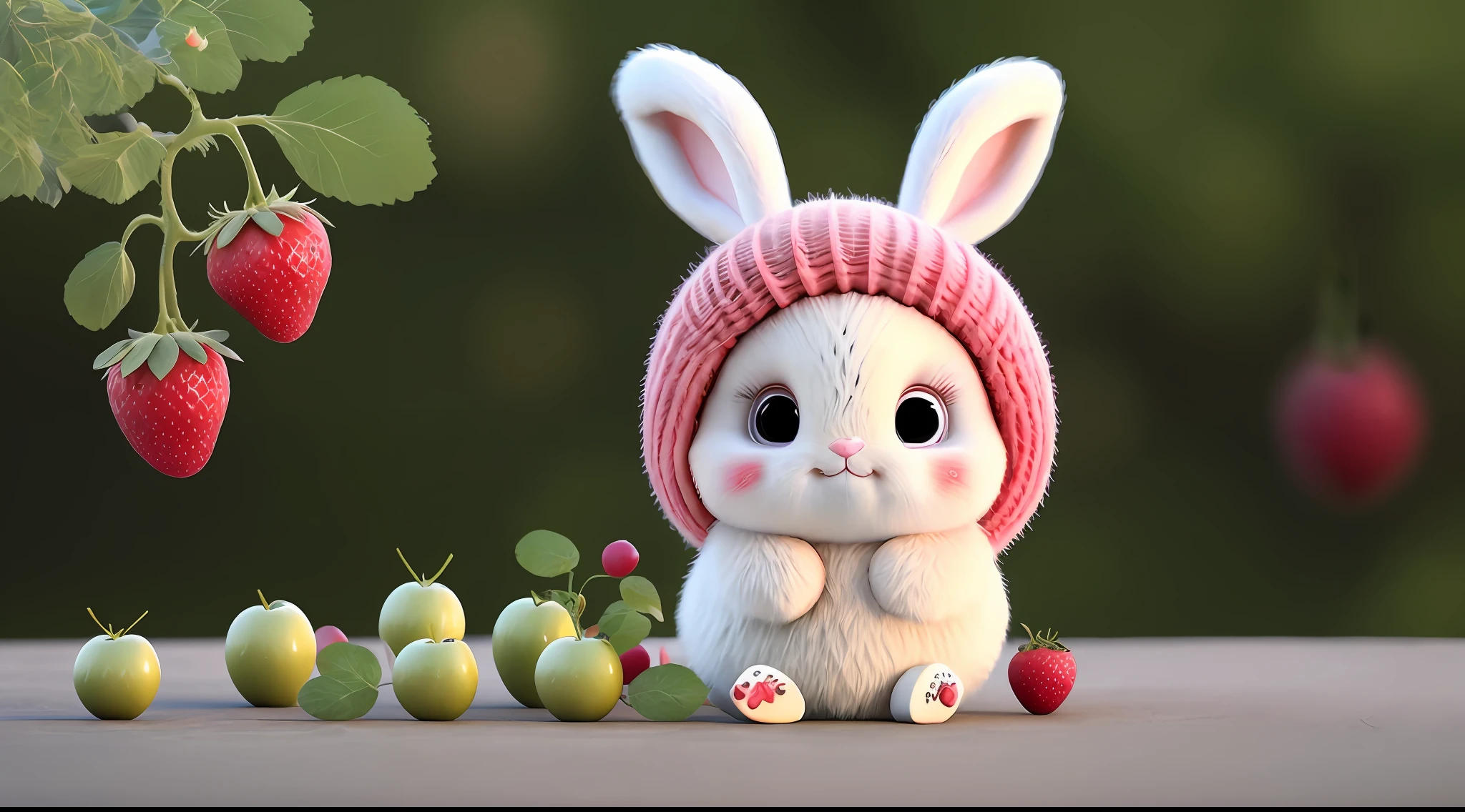 : 3. bunny, realistic, furry animal, apple, black eye, blush, cherry, food, fruit, full body, hat, non-human, strawberry, tomato, watermelon