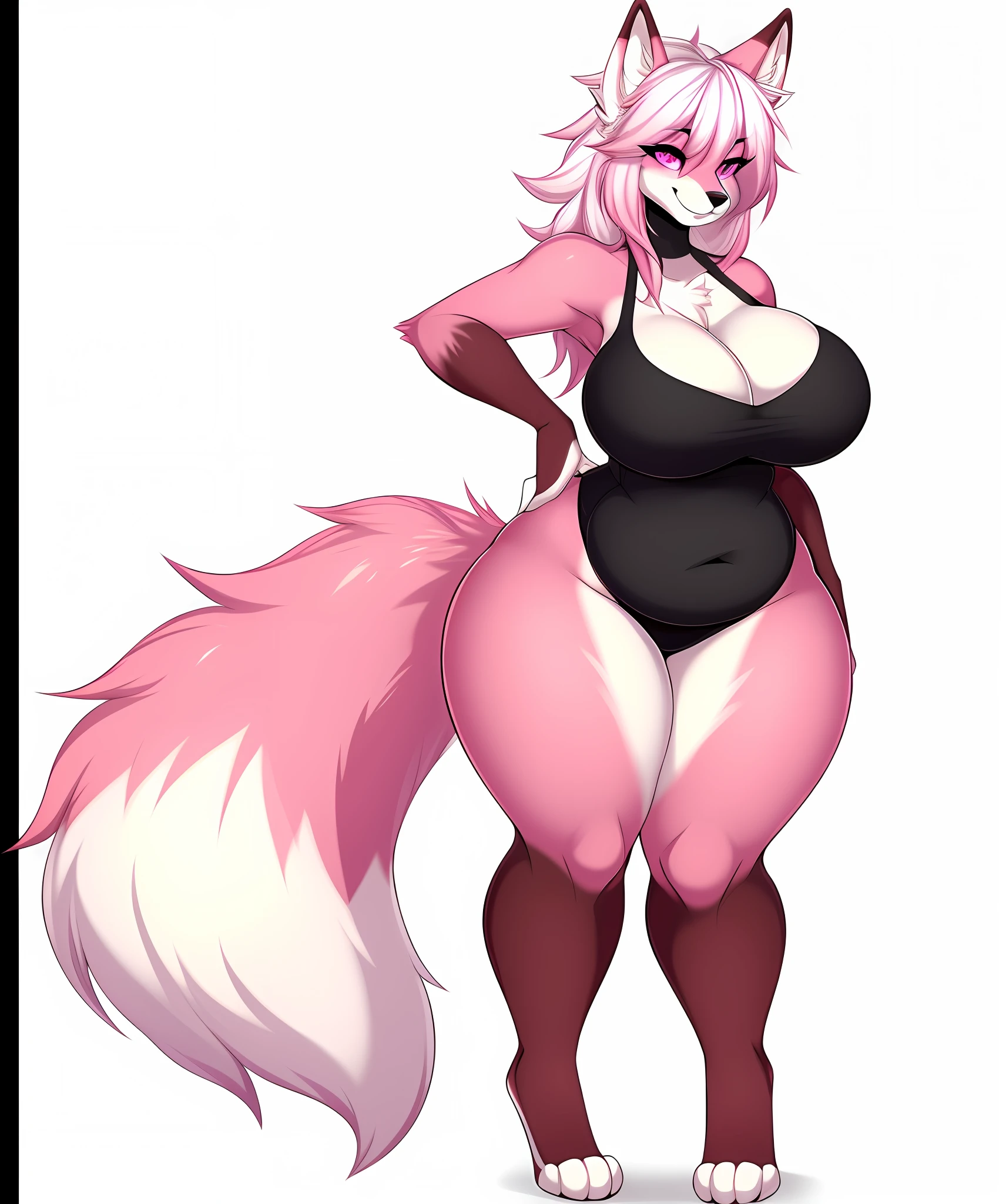 ((masterpiece, best quality)), (Anthro furry:1.3, anthro:1.3, hairy:1.2, fullbody:1.2, female solo:1.2, neckline, leaning forward, smile), by Teranen, (coffeesoda:1.1), teranen, fox, anthro, female, solo, pleasure face, breathless, very chubby, ass, curvy thighs, huge thighs, pink right iris, pink left iris, pink body, big breasts, chubby, white hair, white bangs, pink hair, pink ears
