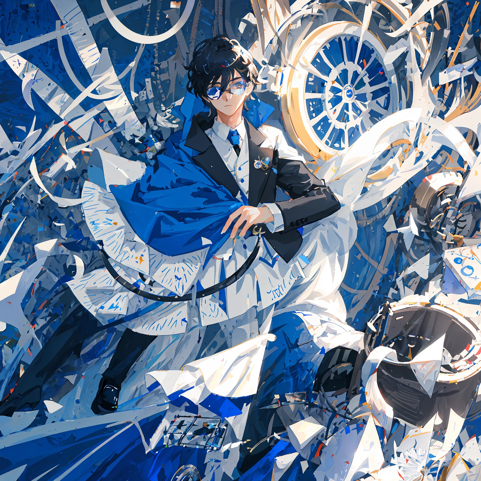 White suit, white cape, short black hair, monocle, handsome, detail anime, thick paint, blue glasses, detail white suit, white suit, playing cards