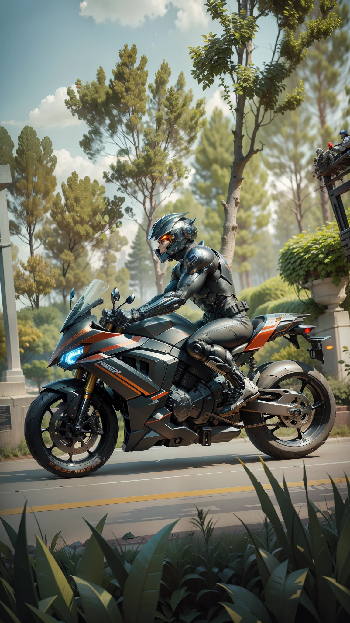 Cyber Warrior & Cybertech Mechanical Motorcycle, Mighty Male Warrior, Nousr, Biomechanics, MSHN Robot Man, Cybertech Full Surround Helmet, Surreal, Steel, Intricate Design, Crazy Detail, Fine Detail, Extremely Clear Lines, Cinematic Lighting, Photo Realistic, Detailed Masterpiece