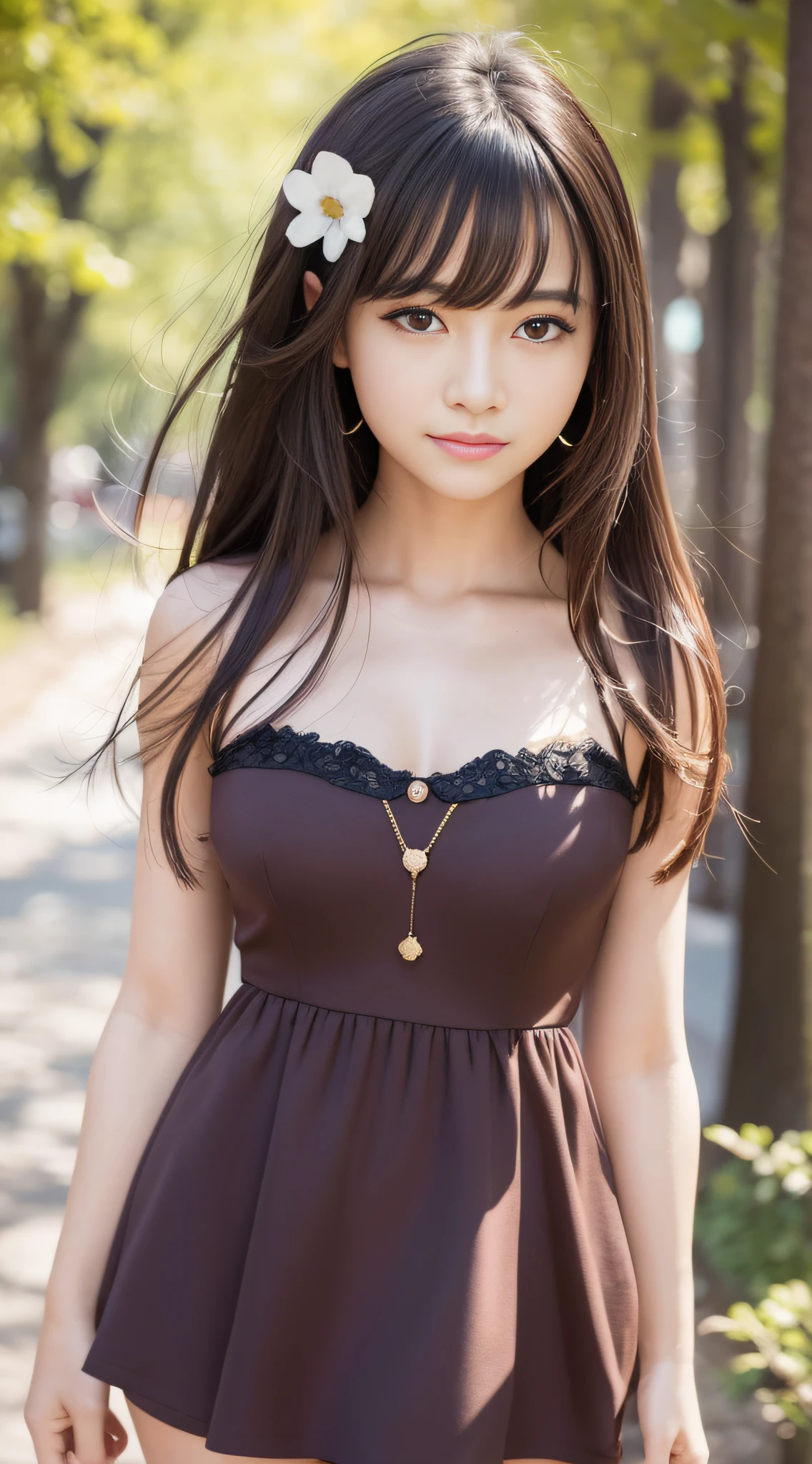 Top Quality, Masterpiece, Ultra High Resolution, (Photorealistic: 1.4), Raw Photo, Smile, Happiness, 1 Girl, Sexy, 8 Heads, Dark Hair, Glossy Skin, Portrait, Skinny, Beautiful Bust, Thin Waist, Long Legs, Mini Dress, Sun Through the Trees, Street Tree, Full Body, Long Legs, Thin Legs, Long Hair, Bangs, hair_ornament, Lips, Hair Clip, Solo, brown_ eyes, nosesoft,blur,