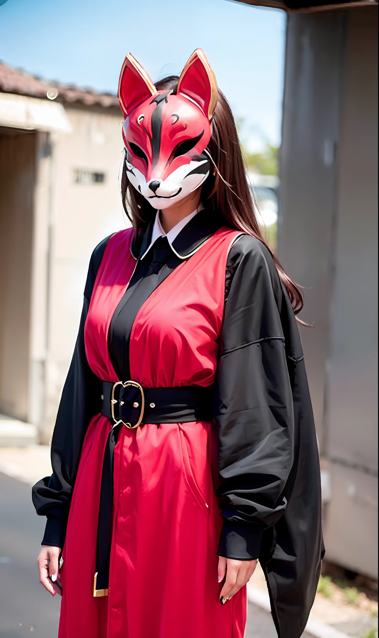 Fox mask Person wearing fox mask on face, woman, jet black, formal suit