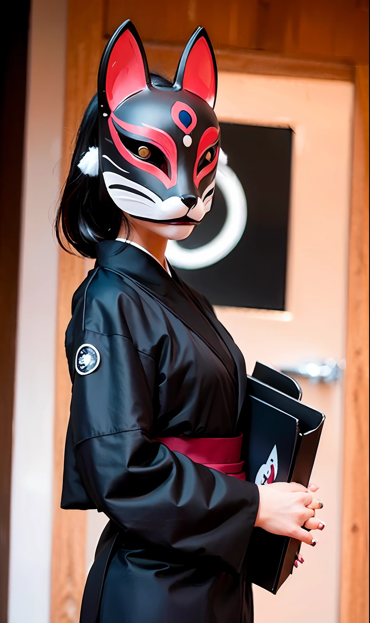 Fox mask Person wearing fox mask on face, woman, jet black, formal suit