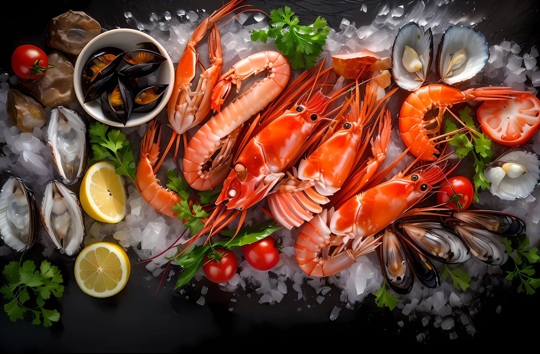 a close up of a bunch of shrimps on ice with lemons and tomatoes, seafood in preserved in ice, crustacean, great quality, best on adobe stock, high quality photo, high quality product image”, fish seafood markets, highly detailed composition, high quality food photography, photo of a beautiful, very tasty, prawn, thumbnail, high quality picture --auto --s2