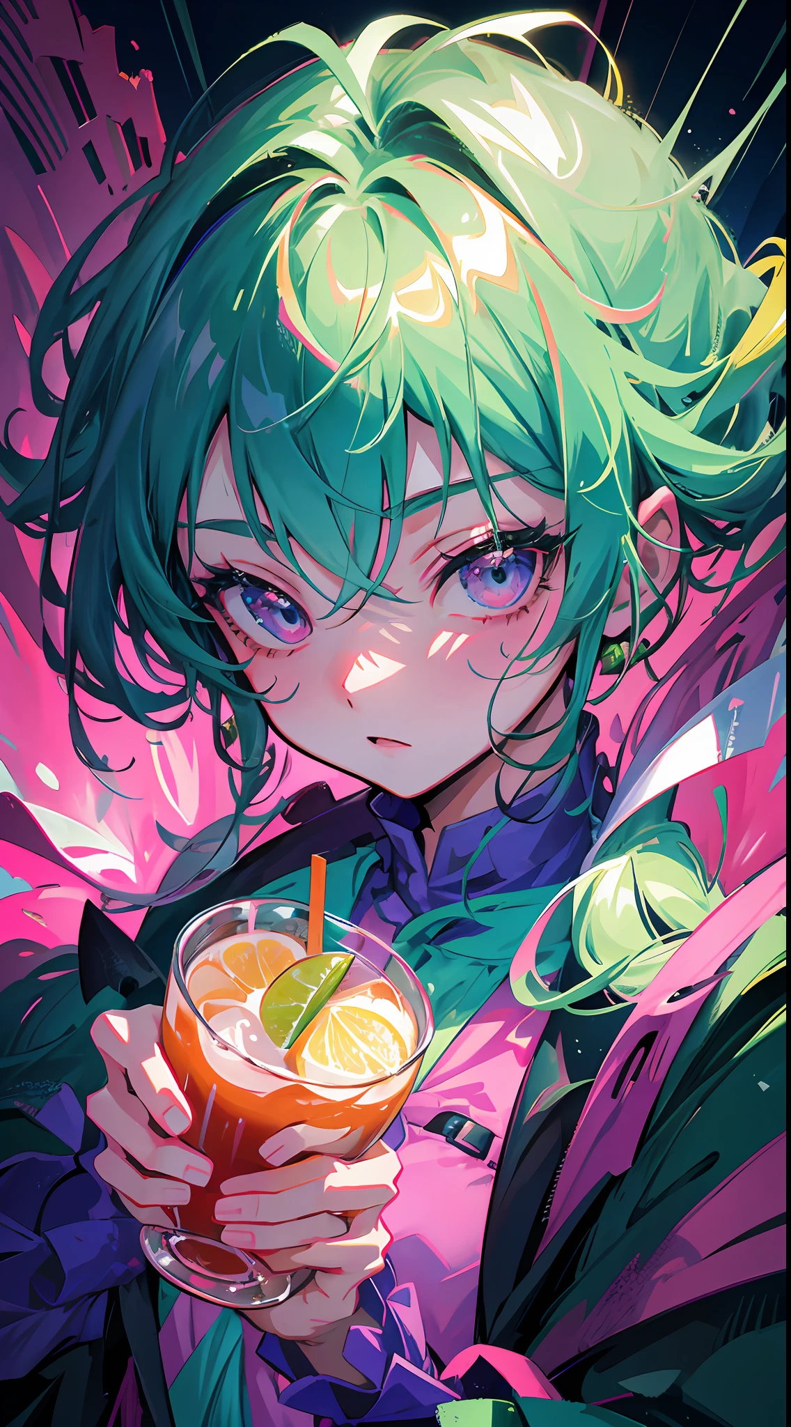 This is a close-up shot showing a female anime character holding a drink. The palette of pink and green is used to create a vibrant yet bleak atmosphere. The drink held by this character is lime-themed with a sharp thrill. The whole picture presents beautiful color art! But there is some hostility and malice in it, and he may have the qualities of a "celery woman", a style common in comics. The entire frame may be in a super vivid color scheme to enhance the visual impact. She has a wavy hairstyle that gives a sense of movement and tension. This style may have come from a Korean artist. Finally, there may be a bloody scene in the picture, adding some tension and drama. Anime girl with green hair holding drink and lime, anime style 4 K, anime moe art style, 2 D anime style, detailed digital anime art style, high quality anime art style, anime art wallpaper 4k, anime wallpaper 4k, anime girl