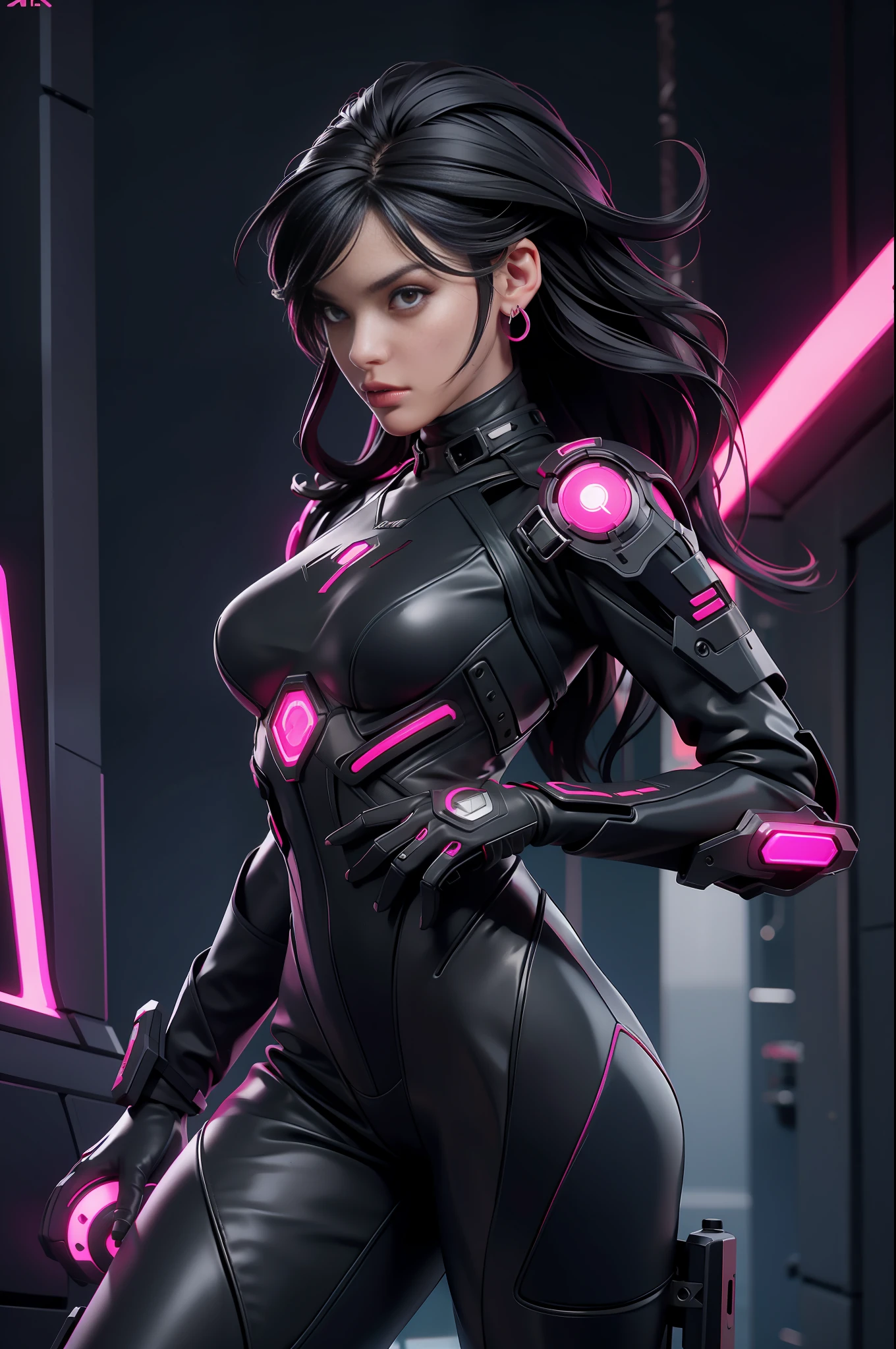 solo, super fine photo, portrait Unreal Engine 5 8K UHD of beautiful and aesthetic girl (girl: 1.3), gorgeous, black short wavy hair, red and black color scheme tight cybernetic latex catsuit, cyberpunk assassin, cybernetic half face mask, earrings, latex body straps, cybernetic long heel, cybernetic long glove, arm cuffs and leg cuffs, cyberpunk world, futuristic design, magenta neon lights details, beautiful make up, best quality, masterpiece, official art, unified 8k wallpaper, super detailed, sharp focus, dynamic pose, body parts