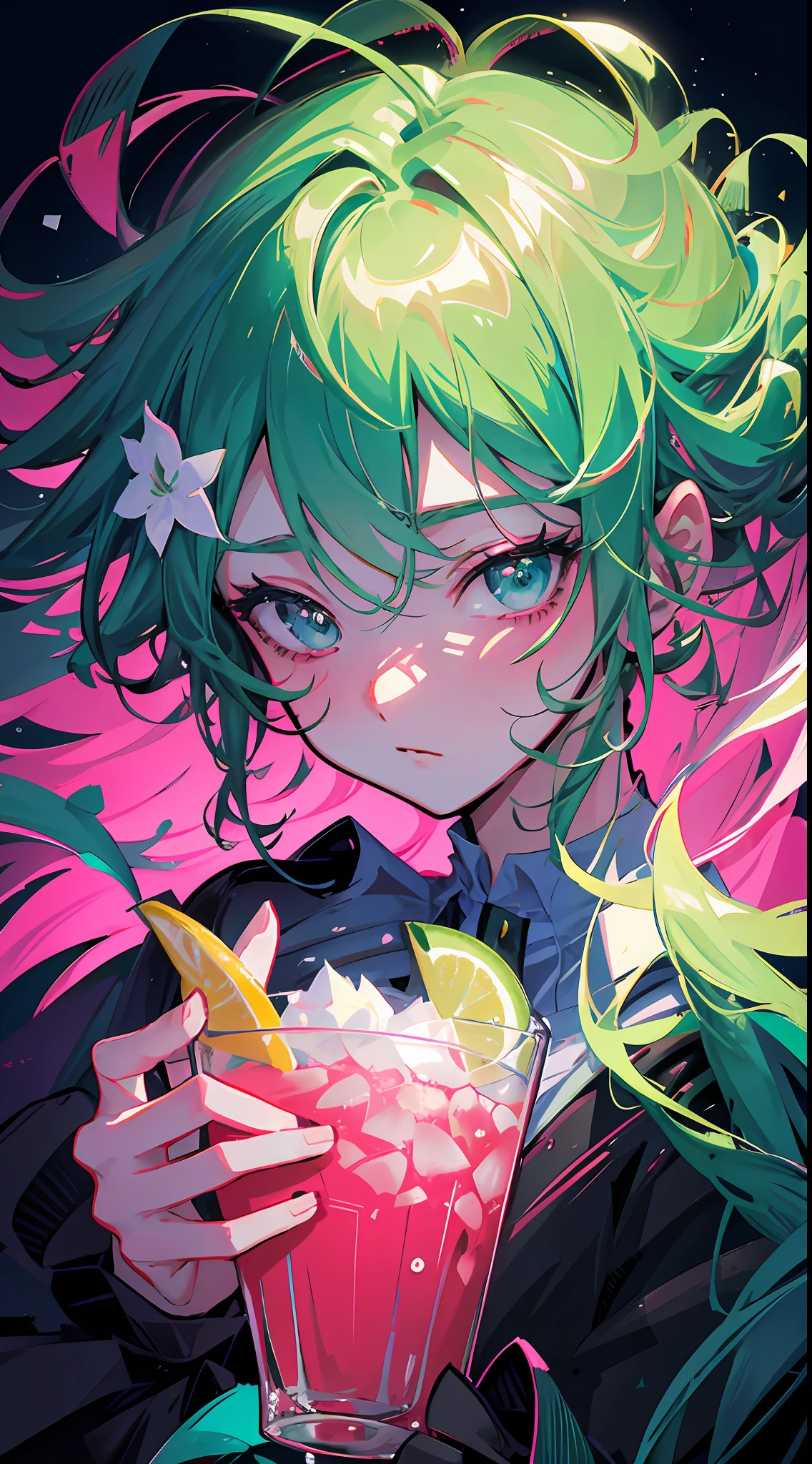 This is a close-up shot showing a female anime character holding a drink. The palette of pink and green is used to create a vibrant yet bleak atmosphere. The drink held by this character is lime-themed with a sharp thrill. The whole picture presents beautiful color art! But there is some hostility and malice in it, and he may have the qualities of a "celery woman", a style common in comics. The entire frame may be in a super vivid color scheme to enhance the visual impact. She has a wavy hairstyle that gives a sense of movement and tension. This style may have come from a Korean artist. Finally, there may be a bloody scene in the picture, adding some tension and drama. Anime girl with green hair holding drink and lime, anime style 4 K, anime moe art style, 2 D anime style, detailed digital anime art style, high quality anime art style, anime art wallpaper 4k, anime wallpaper 4k, anime girl