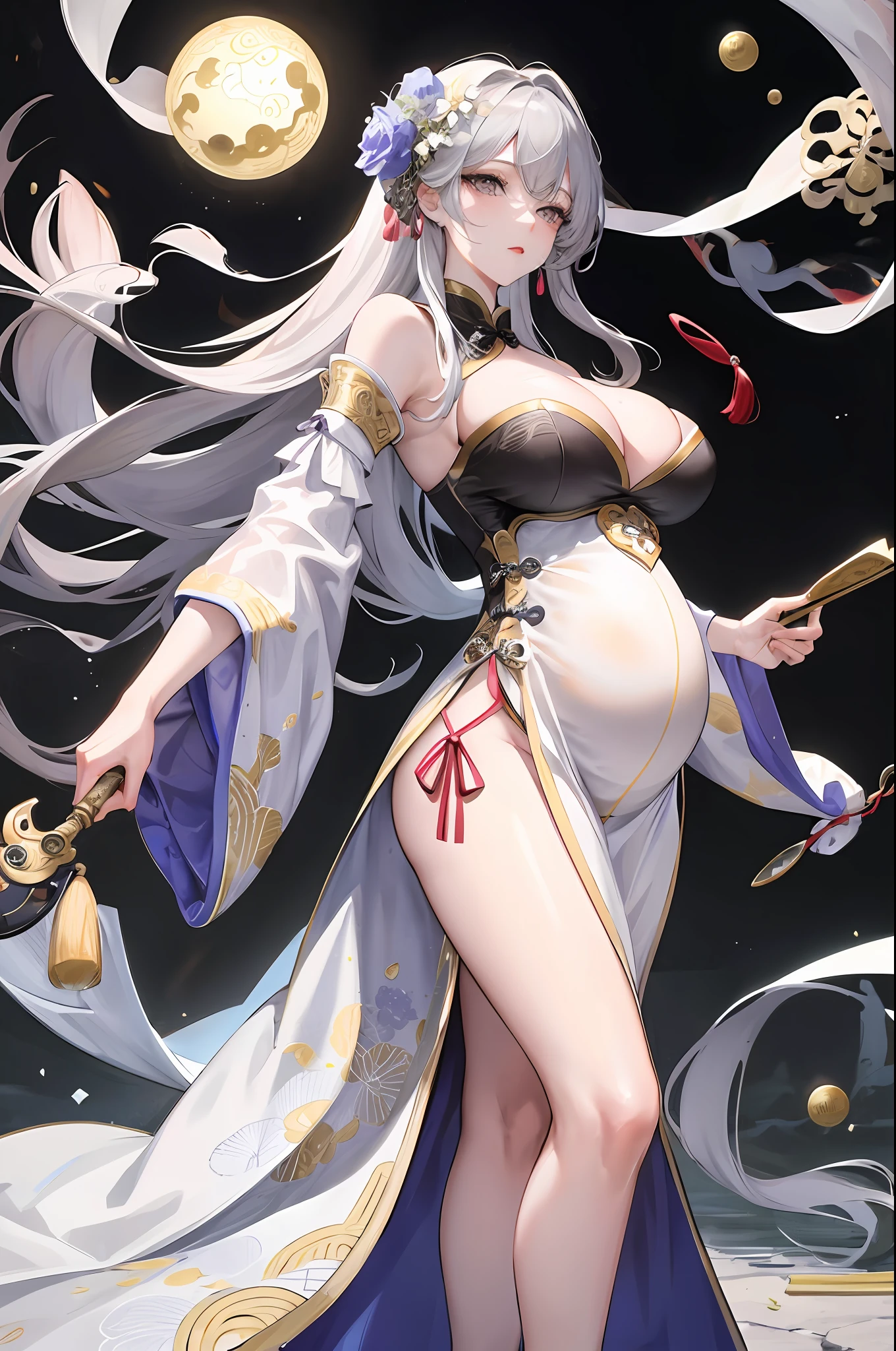 Masterpiece, Superb Taste, Night, Full Moon, 1 Woman, Mature Woman, Chinese Style, Ancient China, Sister, Royal Sister, Cold Face, Expressionless, Silver-White Long-Haired Woman, Light Pink Lips, Calm, Intellectual, Three Bands, Gray Eyes, Assassin, Short Knife, Flower Ball Background, Walking Street View, Big Breasts, Broken Clothes, Pregnant!