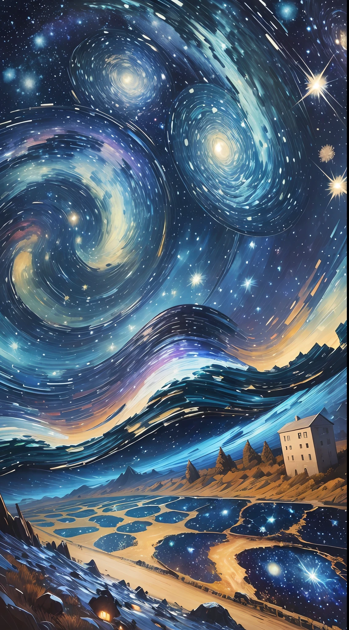 High-quality Van Gogh starry sky oil paintings, dazzling, brilliant colors, extreme details, extreme picture description, dynamic angle perspective, beautiful scene depiction, extreme night and starry sky. --auto --s2