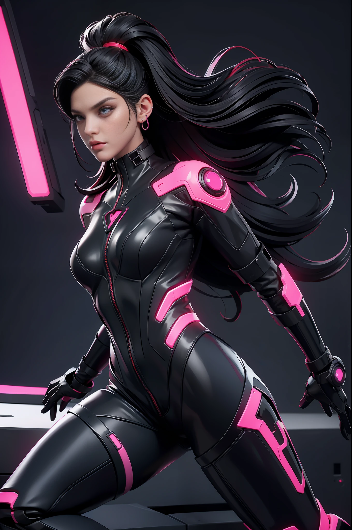 solo, super fine photo, portrait Unreal Engine 5 8K UHD of beautiful and aesthetic girl (girl: 1.3), gorgeous, black short wavy hair, red and black color scheme tight cybernetic latex catsuit, cyberpunk assassin, cybernetic half face mask, earrings, latex body straps, cybernetic long heel, cybernetic long glove, arm cuffs and leg cuffs, cyberpunk world, futuristic design, magenta neon lights details, beautiful make up, best quality, masterpiece, official art, unified 8k wallpaper, super detailed, sharp focus, dynamic pose, body parts