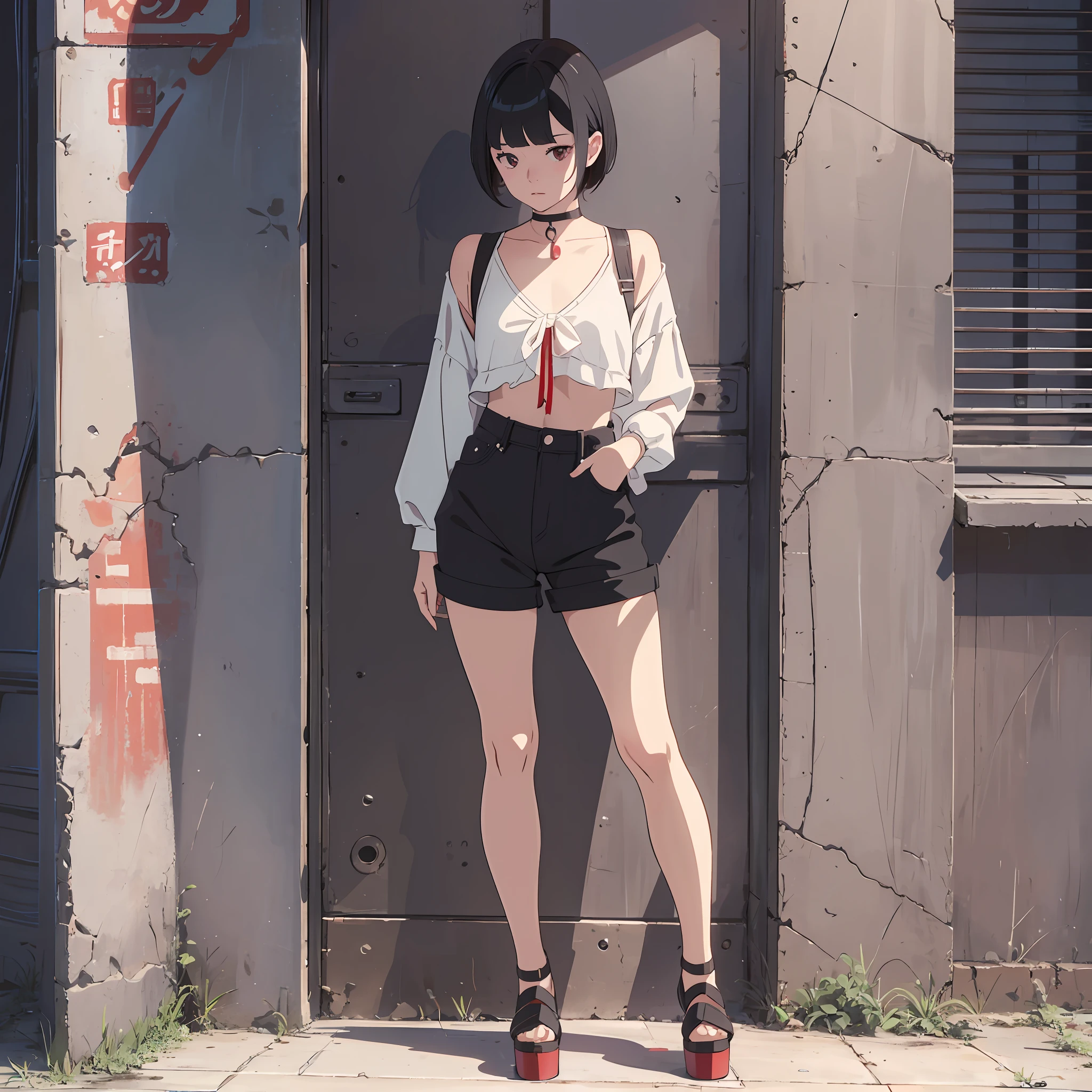 curvy boy with short black hair and red hollow eyes and flat chest wearing a choker, naidong (artist), happy, lonely, bare legs, wide hips, bangs, (flat chest), ((flat chest)), bangs, white shirt, short black shorts, platform heels, --auto --s2