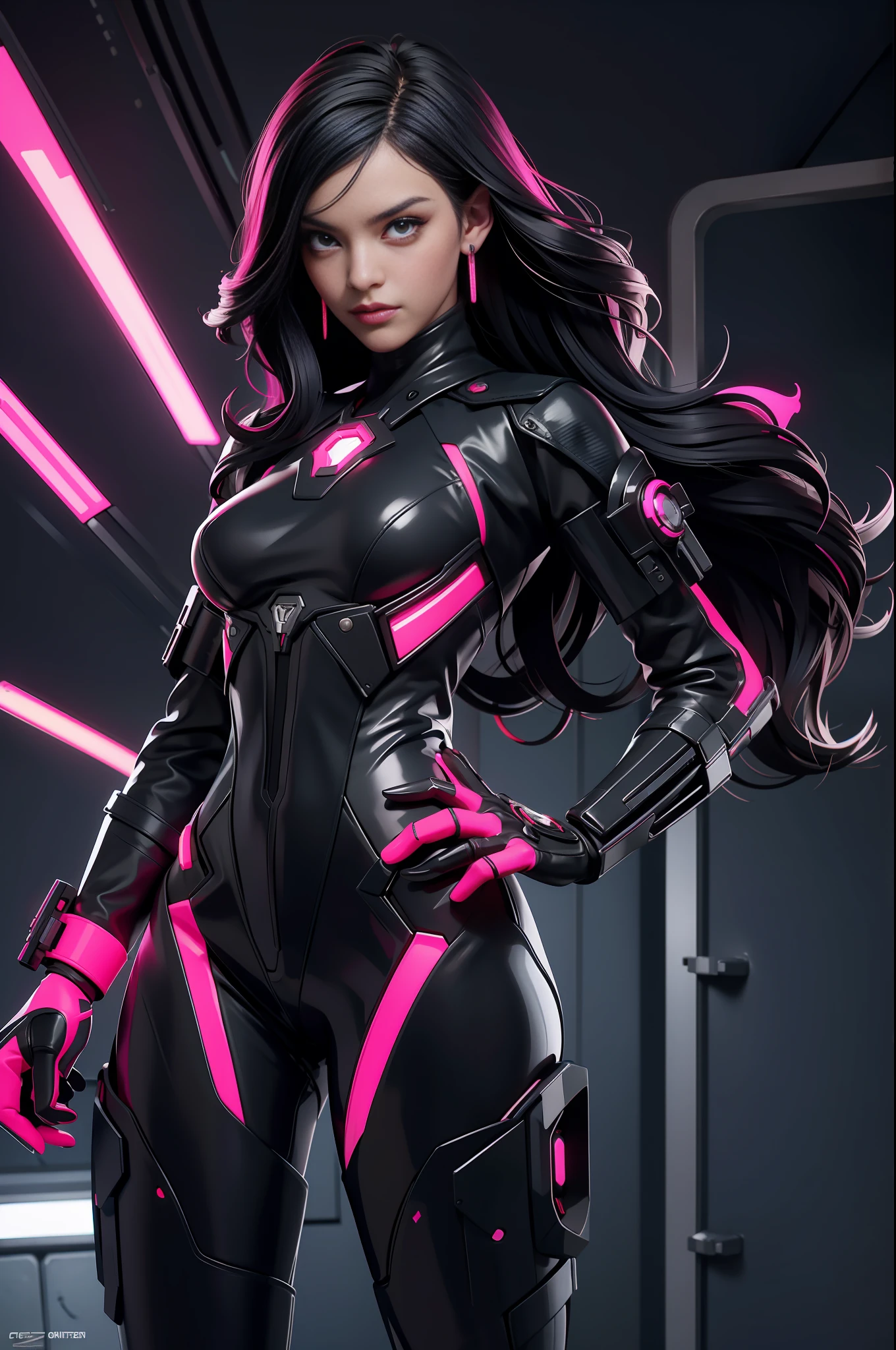 solo, super fine photo, portrait Unreal Engine 5 8K UHD of beautiful and aesthetic girl (girl: 1.3), gorgeous, black short wavy hair, red and black color scheme tight cybernetic latex catsuit, cyberpunk assassin, cybernetic half face mask, earrings, latex body straps, cybernetic long heel, cybernetic long glove, arm cuffs and leg cuffs, cyberpunk world, futuristic design, magenta neon lights details, beautiful make up, best quality, masterpiece, official art, unified 8k wallpaper, super detailed, sharp focus, dynamic pose, body parts