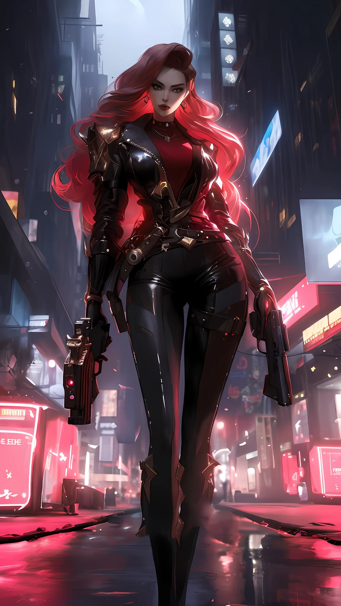 a woman in a black suit holding a gun in a city, redhead female cyberpunk, female cyberpunk anime girl, cyberpunk 2077 rossdraws, cyberpunk femme fatale, anime cyberpunk art, cyberpunk anime girl, digital cyberpunk anime art, cyberpunk anime art, cyberpunk girl, cyberpunk judy alvarez, cyberpunk anime girl mech, female cyberpunk, cyberpunk angry gorgeous goddess