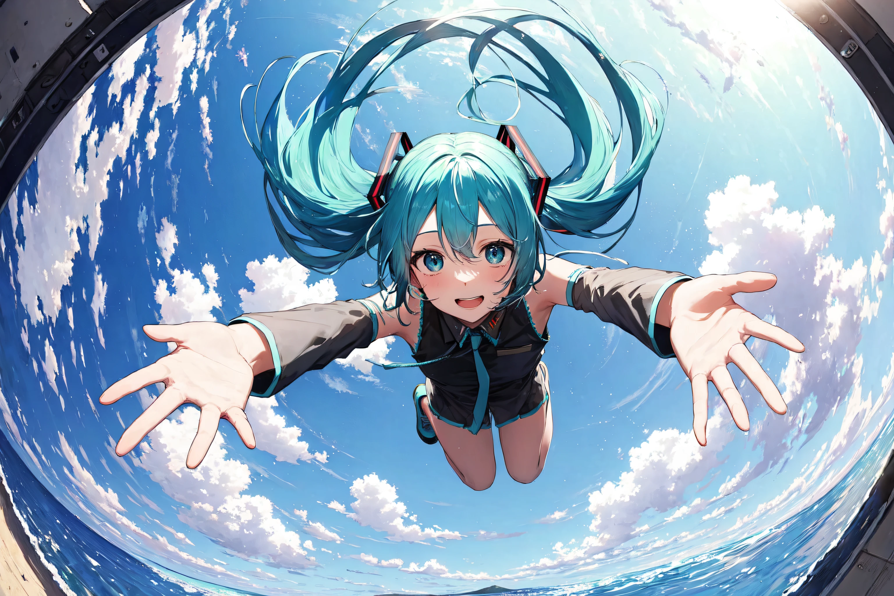 skydiving, hatsune miku, fisheye lens, spread arms, looking at viewer,, detailed background, masterpiece, best quality,