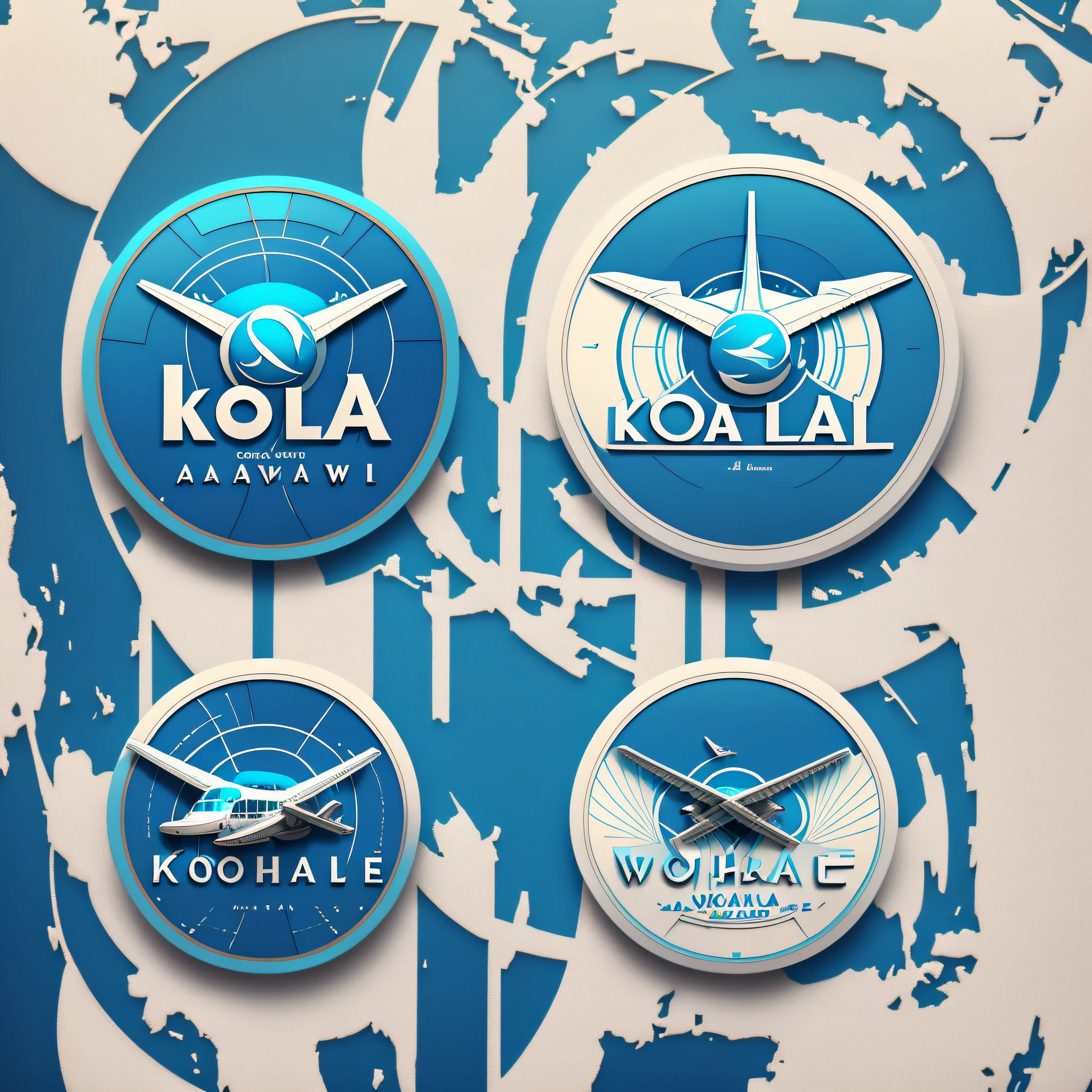 Create a round logo for a travel agency named KOHZAD in blue and back color with white background, used airplane icon and world map in the background --auto --s2