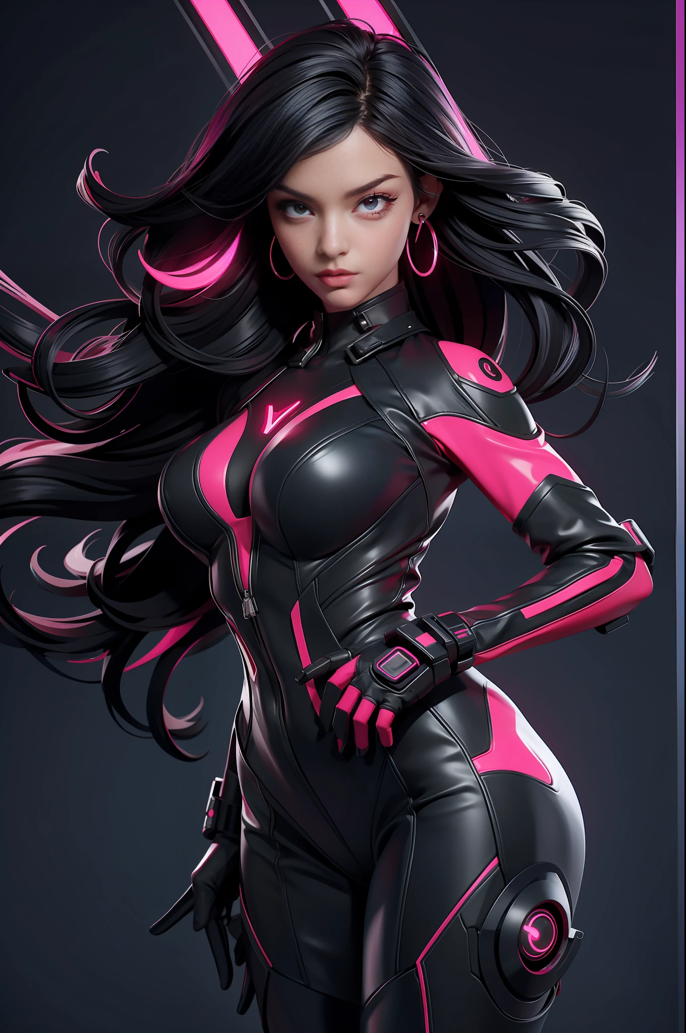 solo, super fine photo, portrait Unreal Engine 5 8K UHD of beautiful and aesthetic girl (girl: 1.3), gorgeous, black short wavy hair, red and black color scheme tight cybernetic latex catsuit, cyberpunk assassin, cybernetic half face mask, earrings, body straps, cybernetic long heel, cybernetic long glove, futuristic design, magenta neon lights details, beautiful make up, best quality, masterpiece, official art, unified 8k wallpaper, super detailed, sharp focus, dynamic pose, body parts