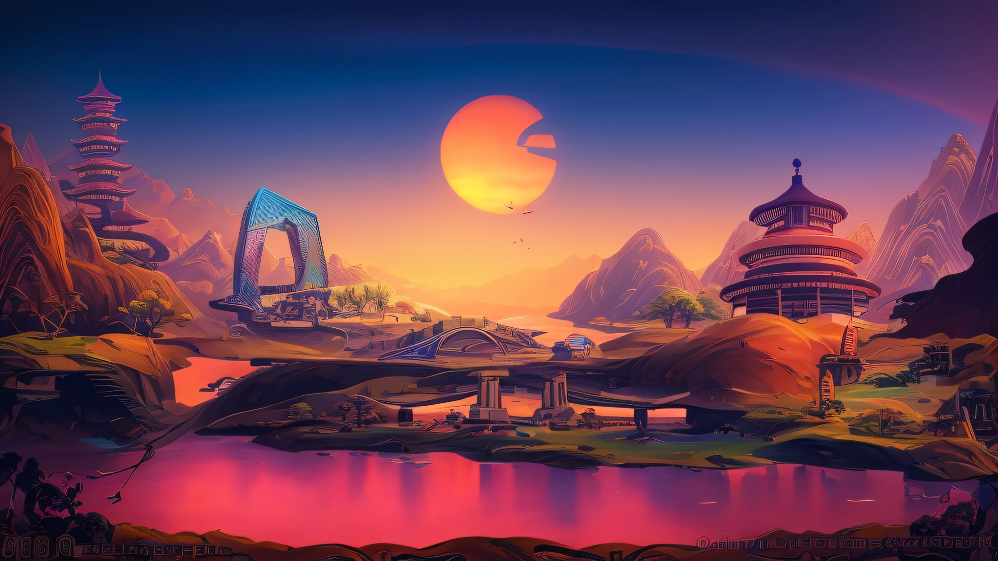 painting of a landscape with a pagoda and a river, background art, futuristic landscape, anime landscape, sunrise over solarpunk city, background artwork, psychedelic landscape, futuristic valley, digital landscape art, scenery artwork, retrofuturistic digital painting, stylized digital art, dreamy landscape, inspired by Yoshida Hanbei, avatar landscape, anime background art, scifi landscape, colorful concept art --auto --s2