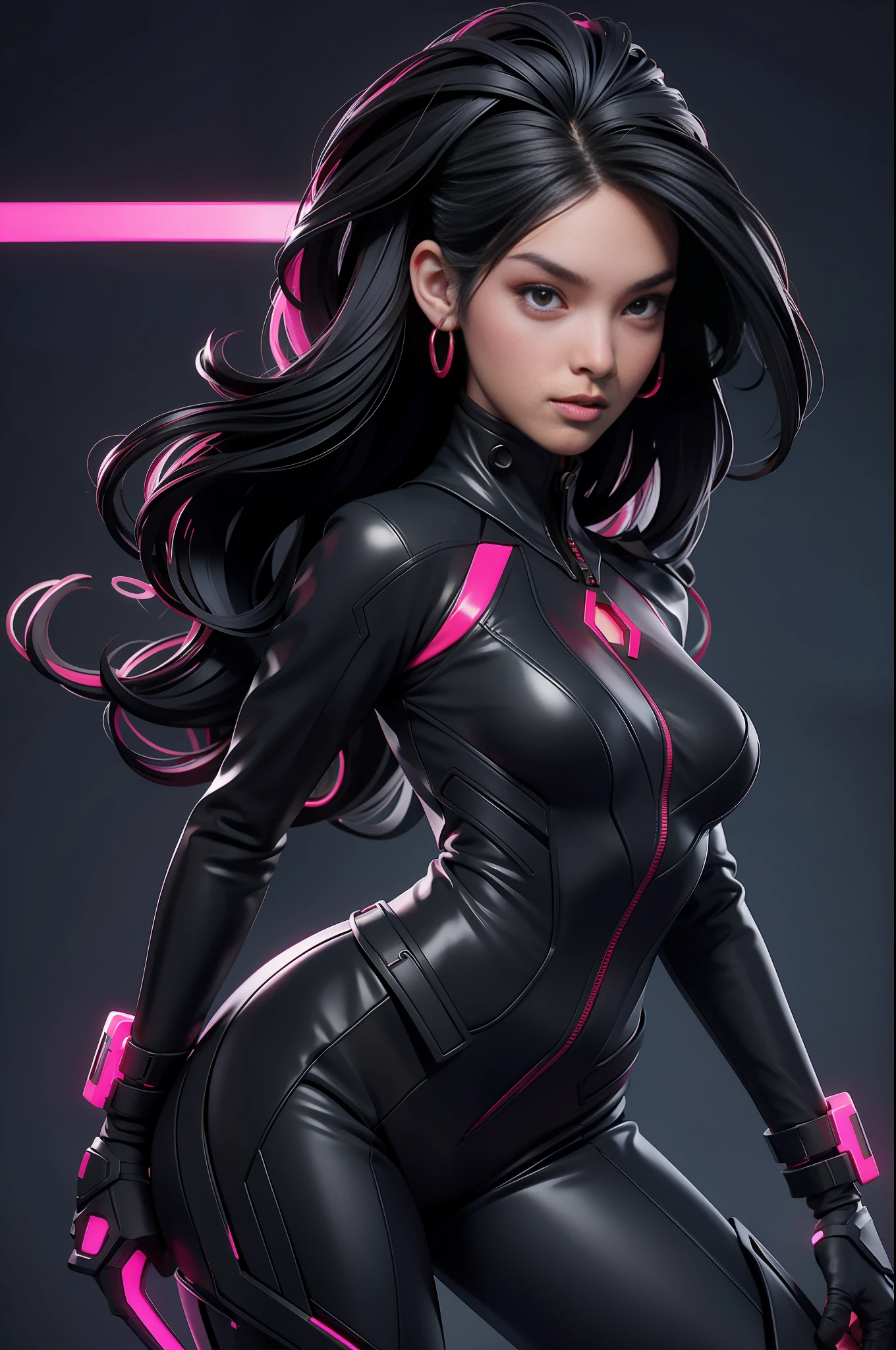 solo, super fine photo, portrait Unreal Engine 5 8K UHD of beautiful and aesthetic girl (girl: 1.3), gorgeous, black short wavy hair, red and black color scheme tight cybernetic latex catsuit, cyberpunk assassin, cybernetic half face mask, earrings, cybernetic long heel, cybernetic long glove, futuristic design, magenta neon lights details, beautiful make up, best quality, masterpiece, official art, unified 8k wallpaper, super detailed, sharp focus, dynamic pose, body parts