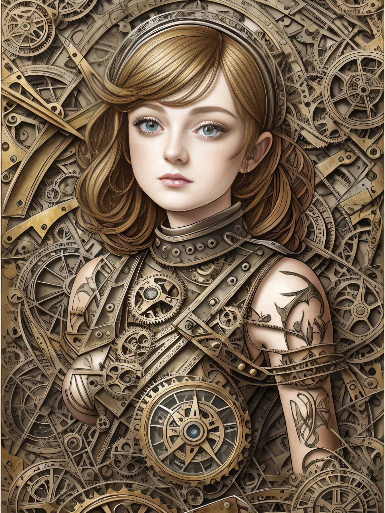 Sadie Sink, a beautiful mix of punk robot woman in Byzantine and Middle Ages Era, created by Hieronymus Bosch. Gold and silver matte background, angelic beautiful face, beautiful clevage, little birds around, tattoo, red old dresses, patterns, dried flowers, many gears, clocks, and mechanical parts, tattoos, patterns, dried flowers, composition. Steampunk. birds surreal, Max Ernst. --auto --s2