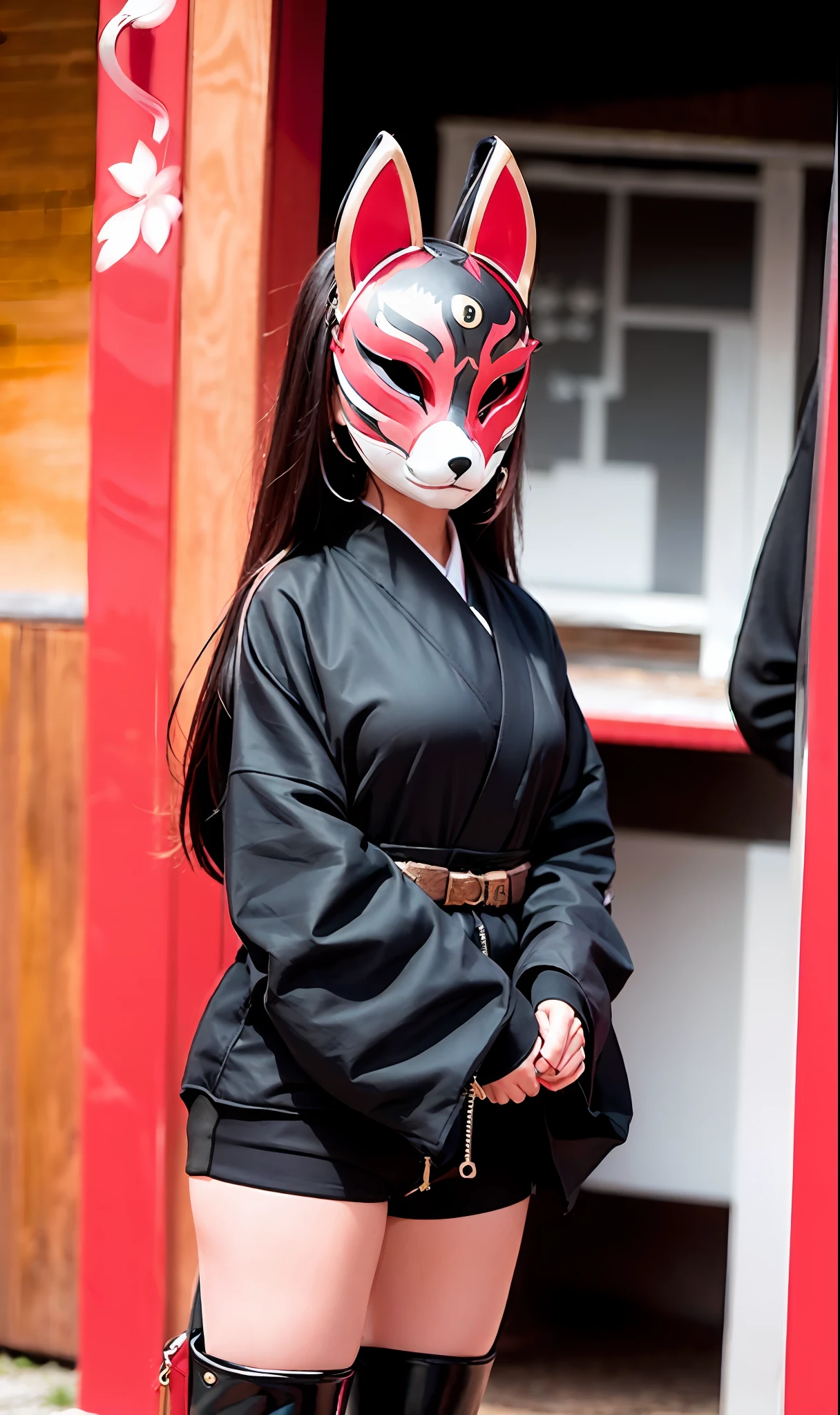Fox mask Person wearing fox mask on face, woman, jet black, shorts, knee-high boots, long coat, Japanese style