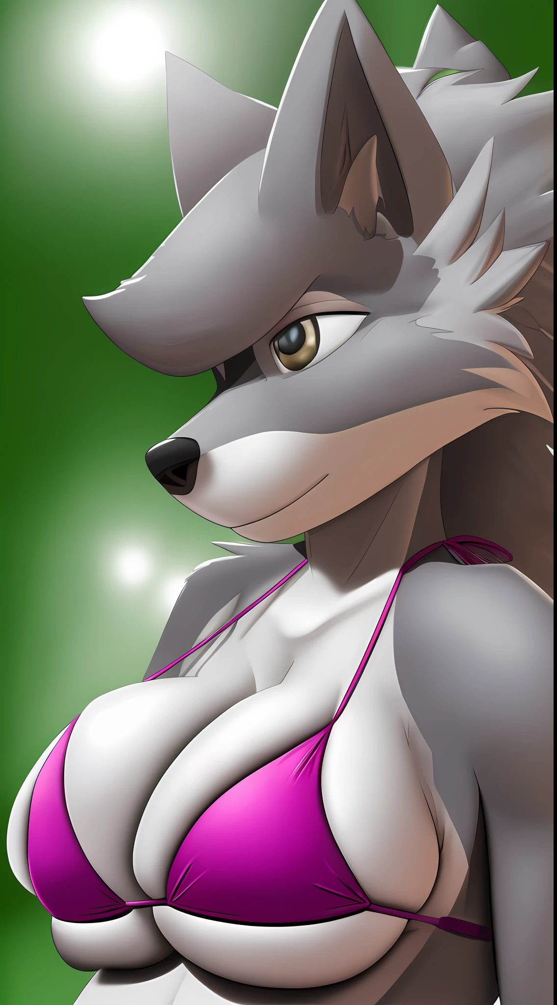 uploaded on e621, raw photo, anthro, wolf, wearing bikini, big breast, hi res, high resolution