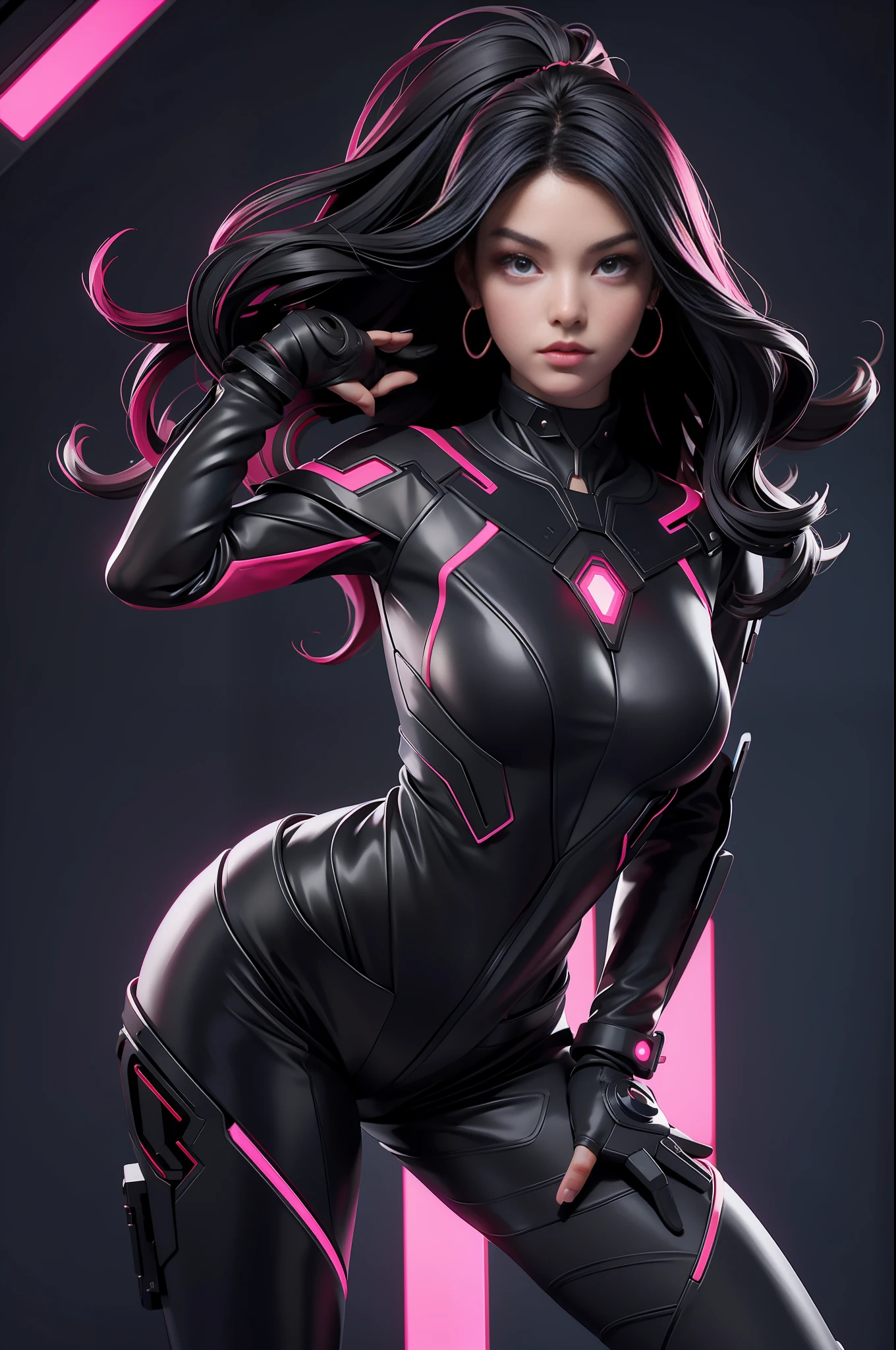solo, super fine photo, portrait Unreal Engine 5 8K UHD of beautiful and aesthetic girl (girl: 1.3), gorgeous, black short wavy hair, red and black color scheme tight cybernetic latex catsuit, cyberpunk assassin, cybernetic half face mask, earrings, cybernetic long heel, cybernetic long glove, futuristic design, magenta neon lights details, beautiful make up, best quality, masterpiece, official art, unified 8k wallpaper, super detailed, sharp focus, dynamic pose, body parts