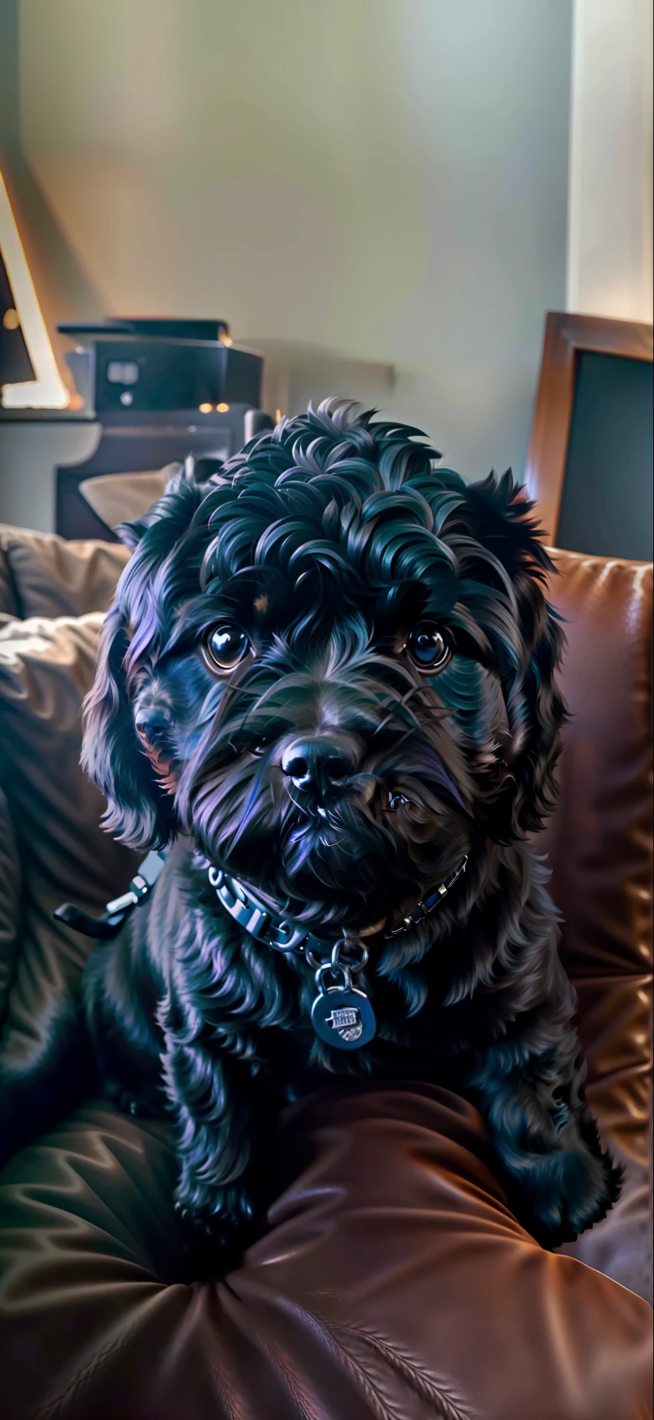 There was a black teddy dog sitting on a leather couch, very, very detailed, Bella, looking to his left, very, very detailed, frontal portrait, very, very detailed, from the side! , very silly look, looking proudly into the distance, full headshot, puppy, looking to the side, very, very detailed