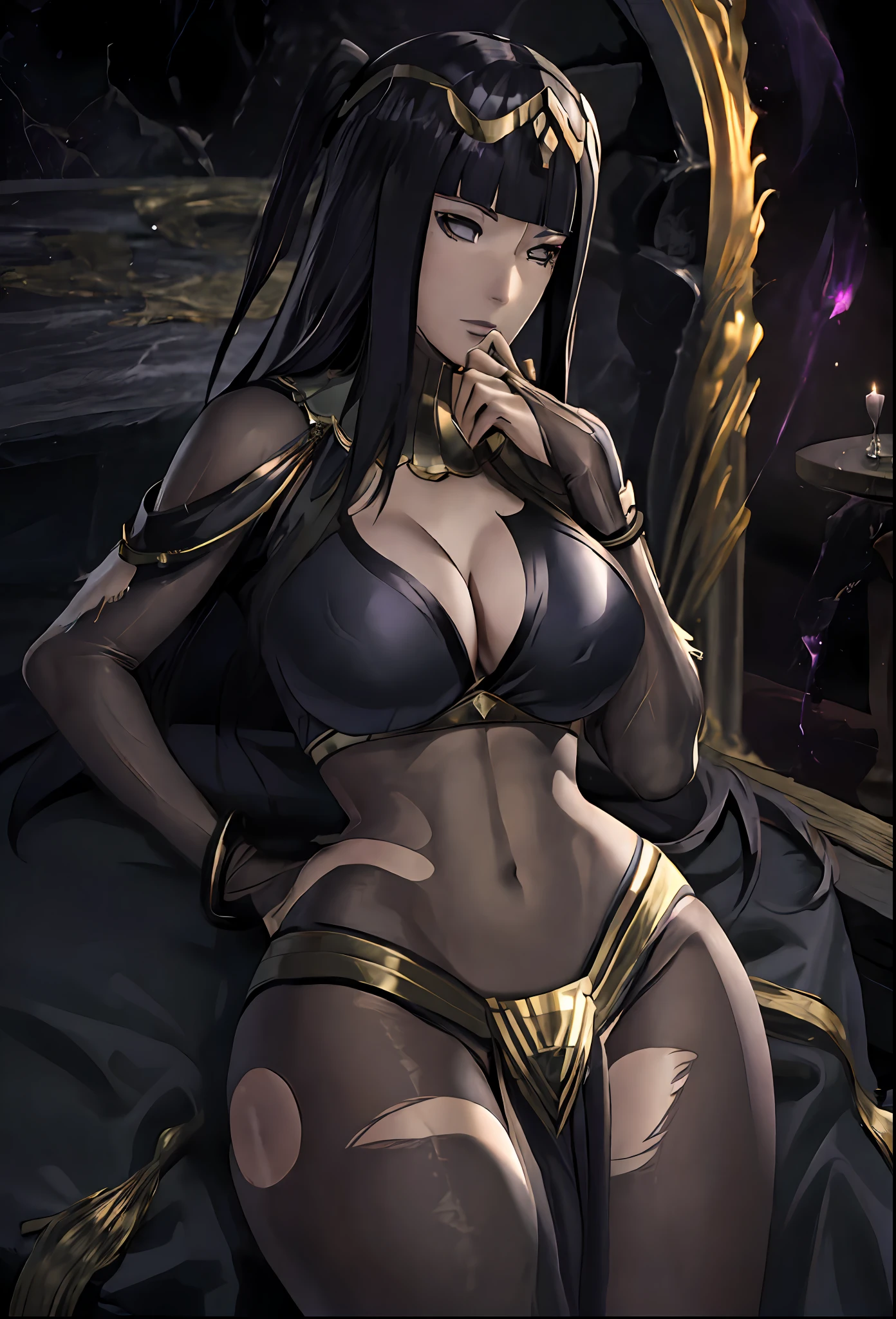 ((masterpiece:1.2)), best quality, ((extreme detail)),(ultra-detailed), anime screencap, extremely, detailed, CG, 3d, unity, 8k, wallpaper, blunt bangs, hime cut, tharja, tharja(fire emblem), black eyes, black hair, long hair, looking at viewer, (large breasts), gold loincloth, gold-lined bodystocking, gold hairband, gold collar, holding book, ((torn clothes)), lying, hand to own chin, looking at viewer, ((dark aura)), (dark energy), (black magic), evil smile, wide hips, (((official art))), (half closed eyes), (full body view), ((large breasts)), (grin),