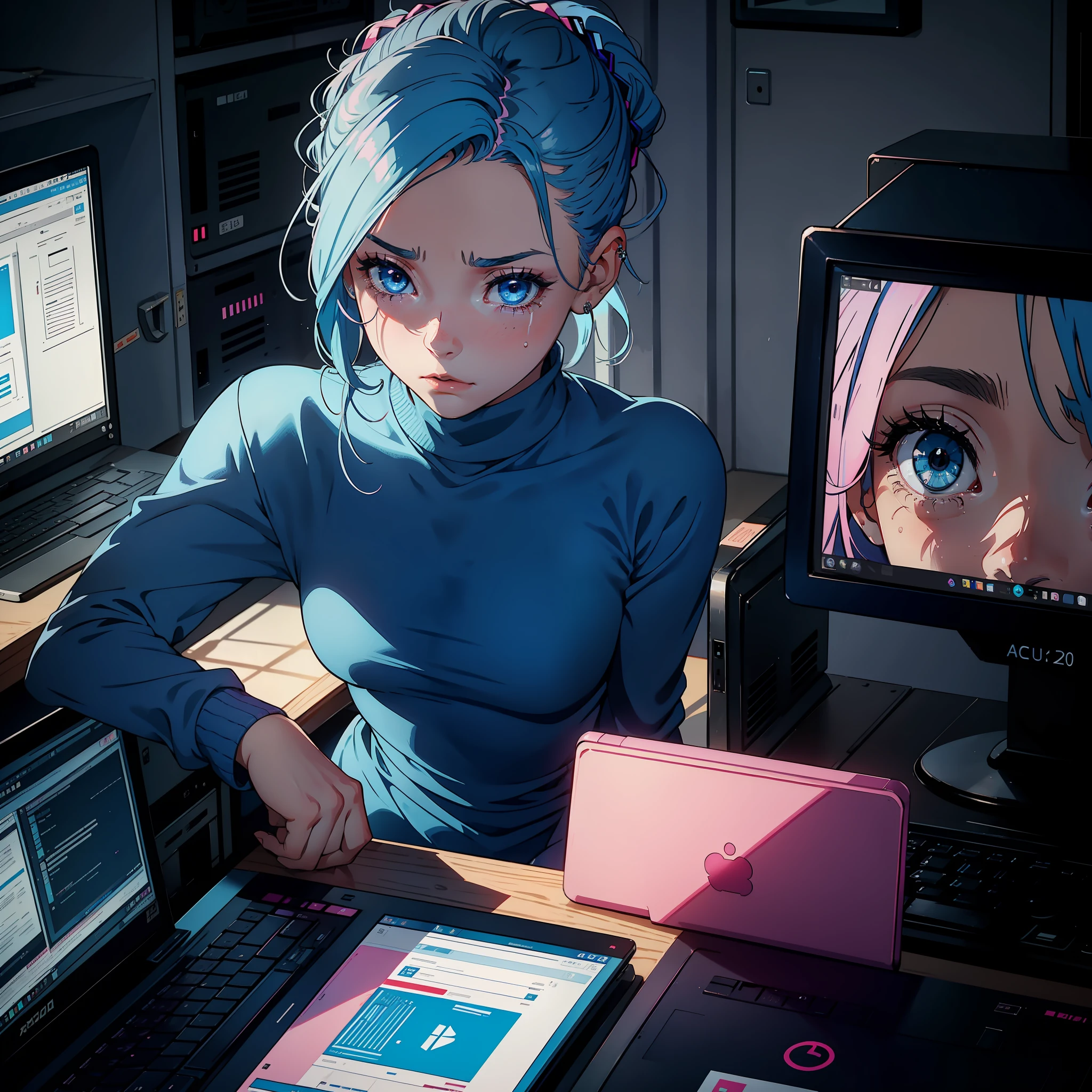 A 20 year old girl with blue hair, blue eyes, updo, turtleneck pink dress, looking at computer screen, crying, tears on her face, head down, solo