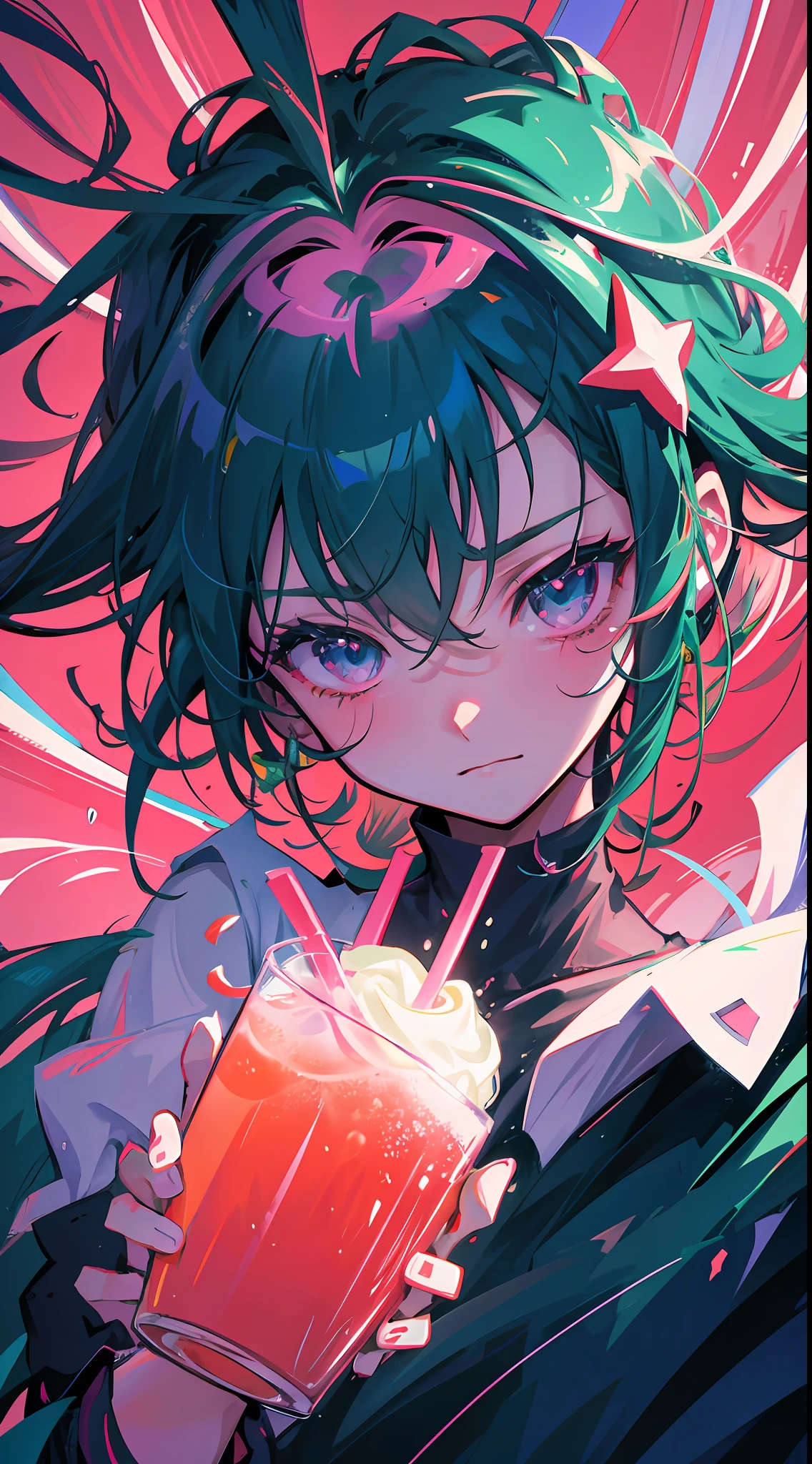 This is a close-up shot showing a female anime character holding a drink. The palette of pink and green is used to create a vibrant yet bleak atmosphere. The drink held by this character is lime-themed with a sharp thrill. The whole picture presents beautiful color art! But there is some hostility and malice in it, and he may have the qualities of a "celery woman", a style common in comics. The entire frame may be in a super vivid color scheme to enhance the visual impact. She has a wavy hairstyle that gives a sense of movement and tension. This style may have come from a Korean artist. Finally, there may be a bloody scene in the picture, adding some tension and drama. Anime girl with green hair holding drink, evil smile, anime style 4 K, anime moe art style, 2 D anime style, detailed digital anime art, high quality anime art style, anime art wallpaper 4k, anime wallpaper 4k, anime girl