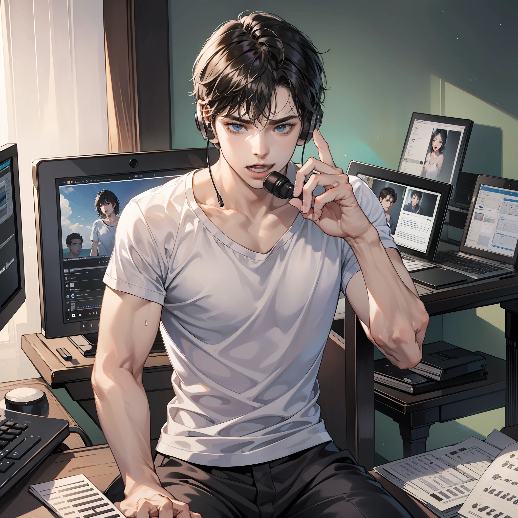 Masterpiece, high quality, best quality, HD, realistic, perfect lighting, detailed body, 1 man, short black hair, white t-shirt, serious expression, open mouth, singing, sitting playing piano, wearing headphones, facing the computer monitor, in the room waiting for the start