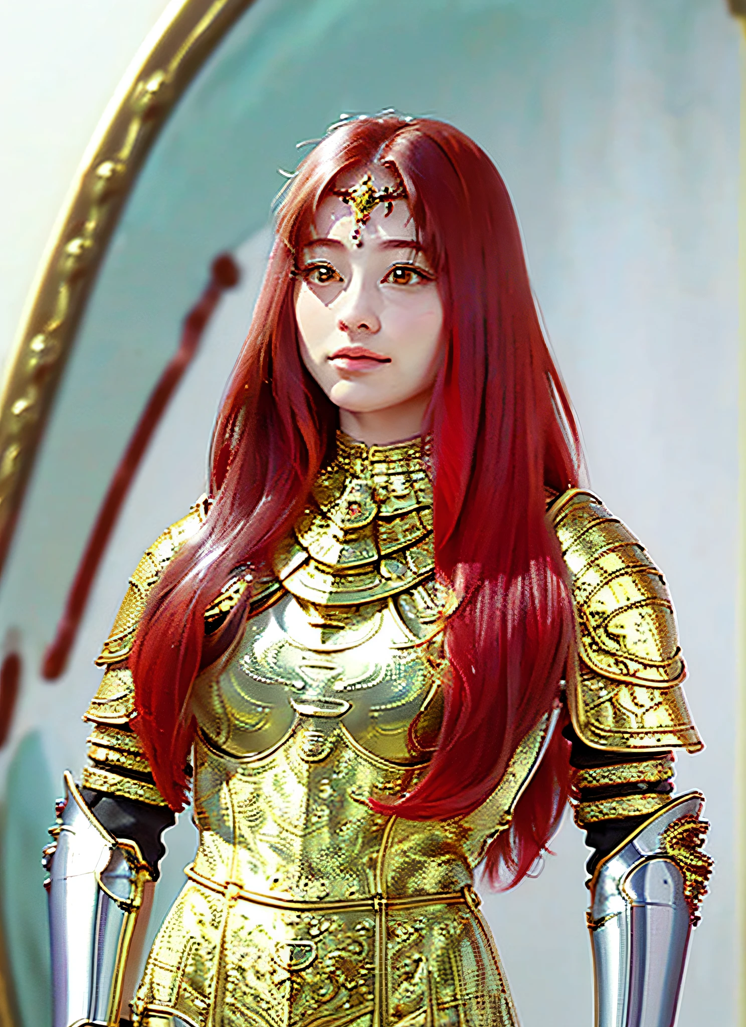 (Realistic, Portrait: 1.3), Intricate Detail, Colossal, Micro Bikini, Intricate Detail Jewels (Detailed Women's Armor: 1.3), (Gorgeous Gold Armor: 1.2), 1 Girl, Solo, Long Hair, Wind, Gorgeous Face, Top Quality, Masterpiece, Maximum Detail, Diffused Lighting, (Red Hair: 1.3), Valhalla Valkyrie, Mechanical Arm,
