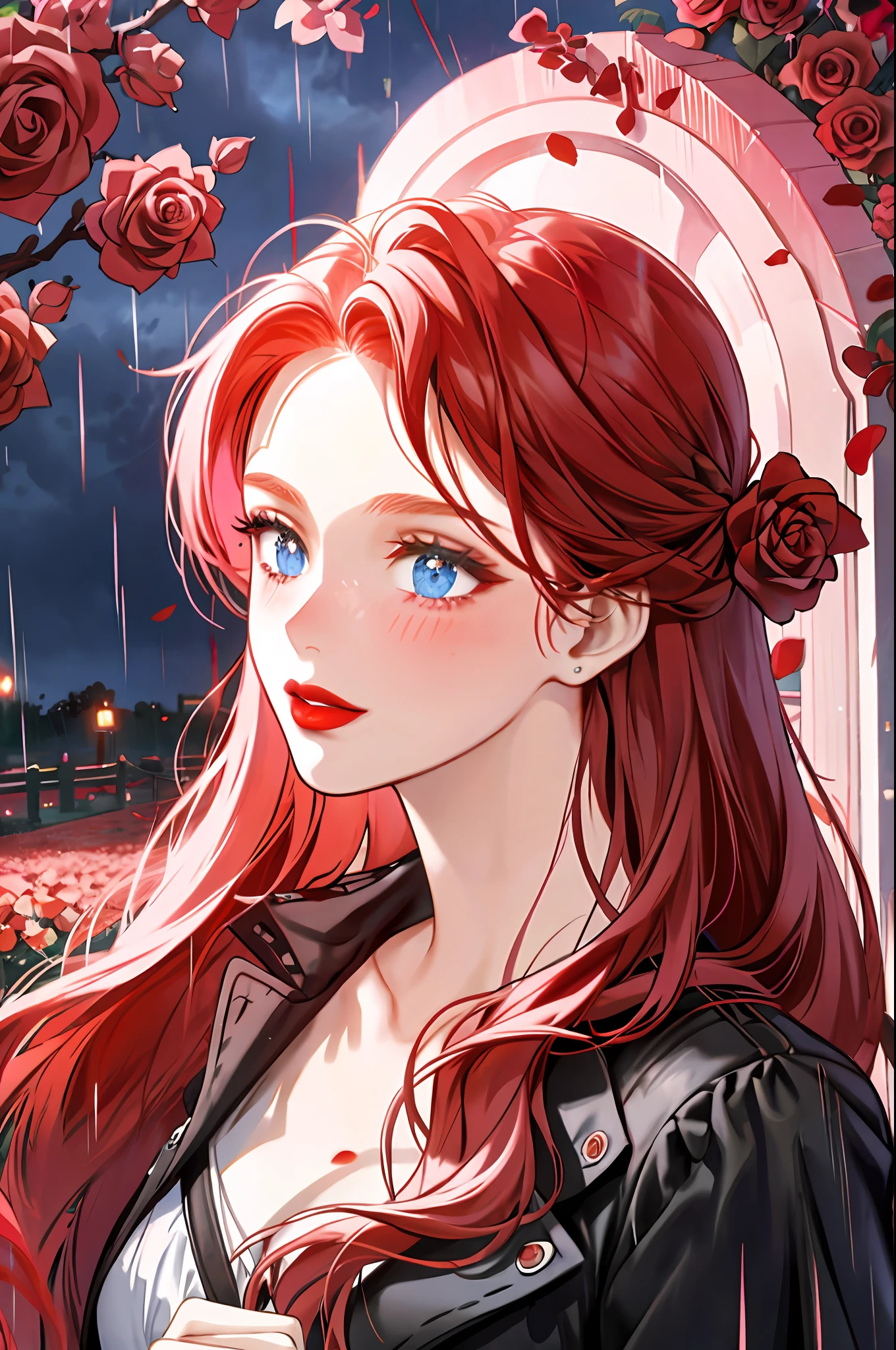 Red-haired girl holding roses in the rain, blue eyes, shy expression, red lips, blushing, pink garden in background,