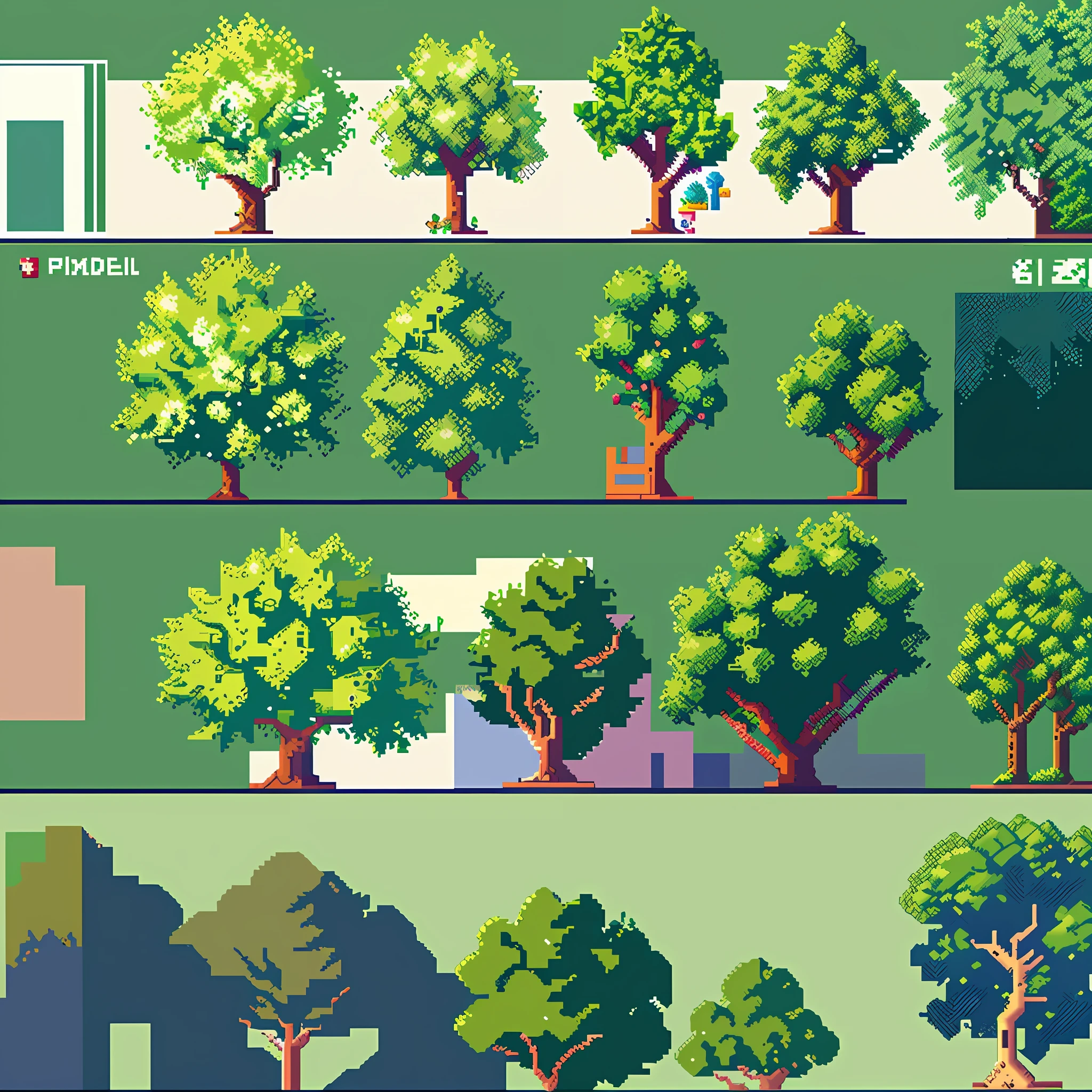 a close up of a pixel style tree set with different trees, trees and bushes, game asset of plant and tree, beautiful detailed pixel art, detailed pixel art, detailed trees, detailed pixel artwork, ultra detailed trees, concept pixelart, pixel art style, video game assets, high quality pixel art, isometric invironment, many trees and plants, trees and plants