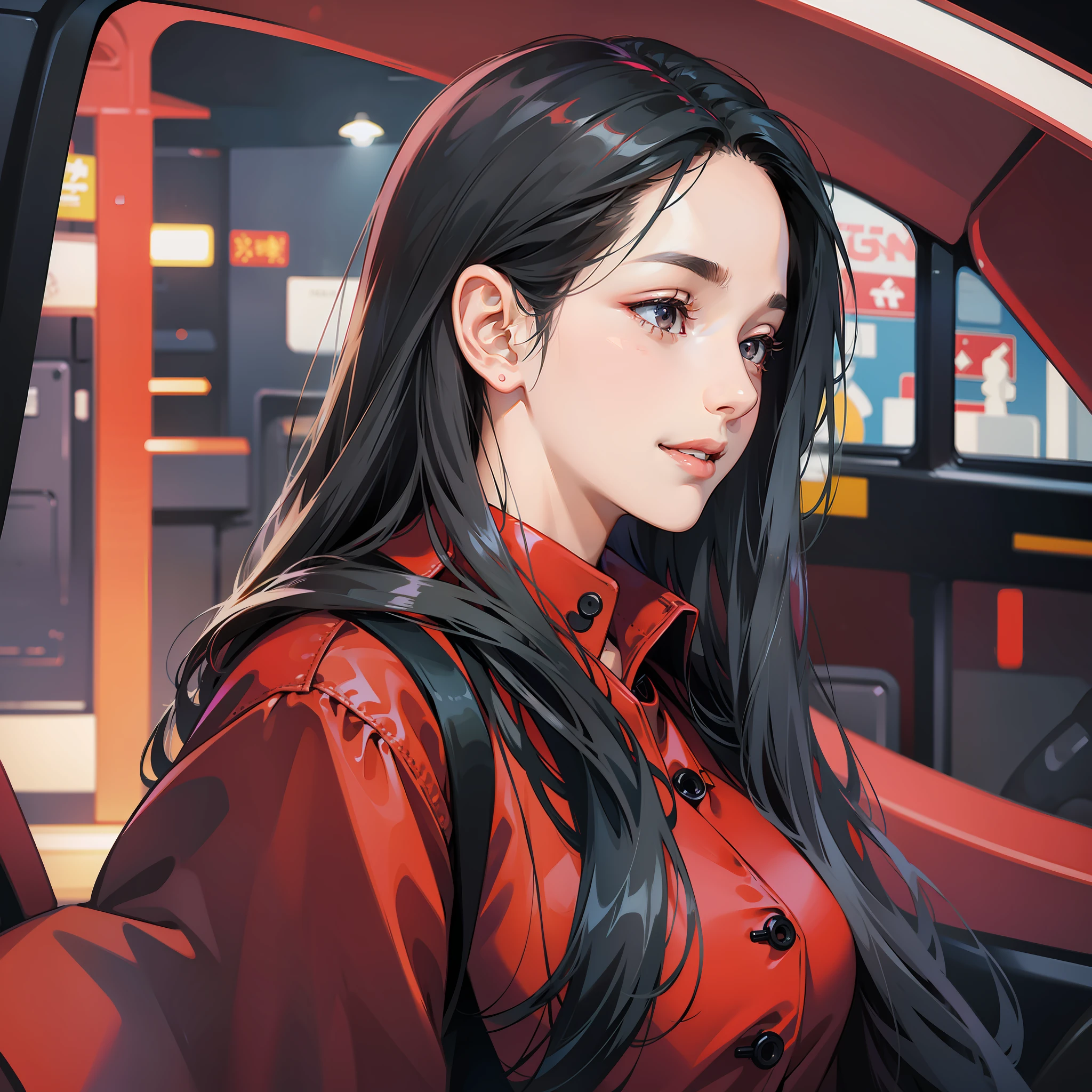 Female, side face, smile (0.1), long black hair, red trench coat, car interior background, bust, back