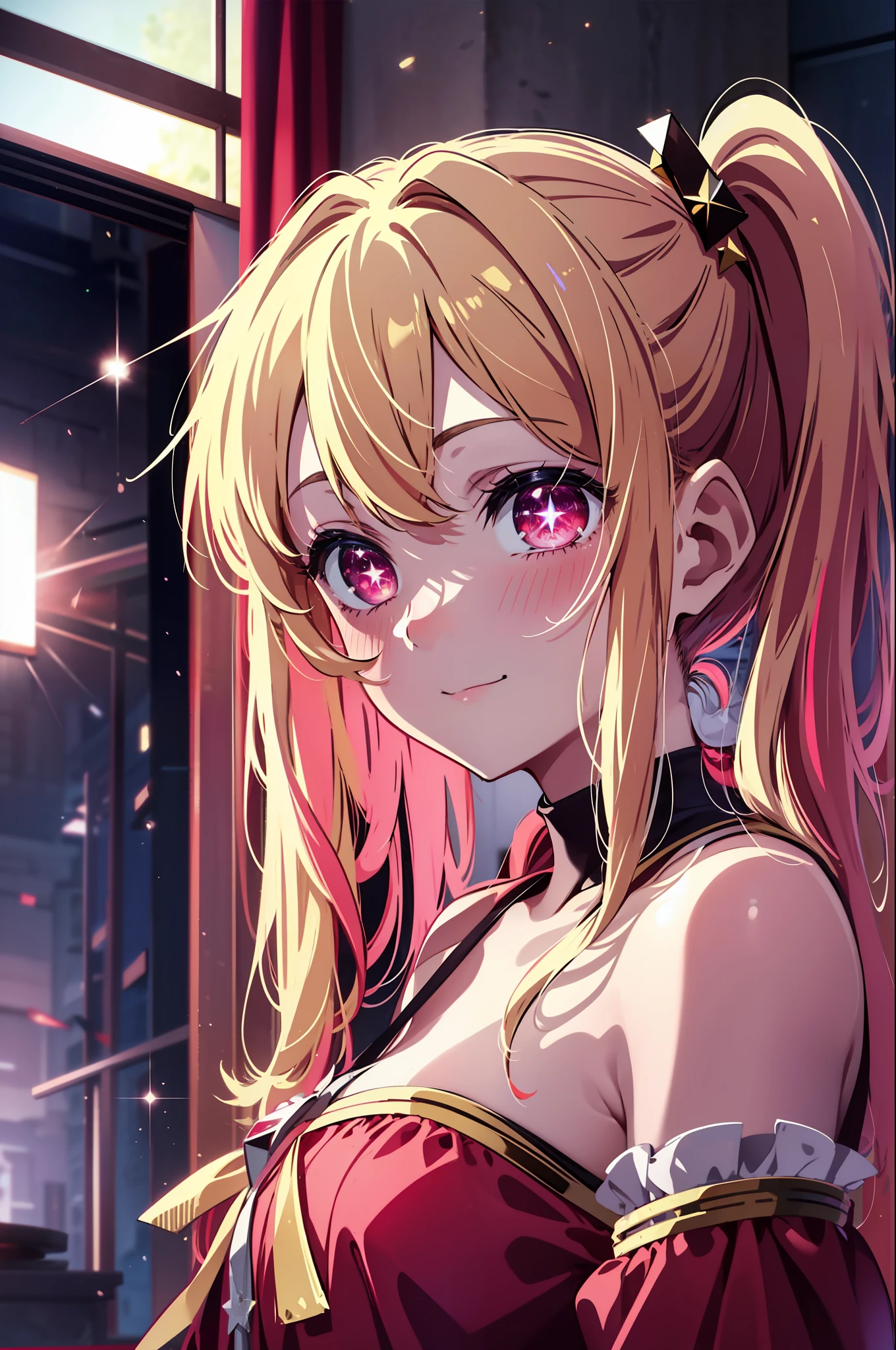 1girl, solo, Hoshino Ruby, symbol-shaped pupils, (left star-shaped pupils:1.2), sparkling eyes, (star in left eye:1.2), symbol in eye, red eyes, long hair, blonde hair, bangs, blush, (side ponytail:1.1), spotlight, smile, (masterpiece:1.2), highres, best quality, 8k, very clear, ((red pajamas)), (((close up))),  glow, on stage, hair ornament,, streaked hair, glowing eyes, medium breast, indoor house room background, 8k