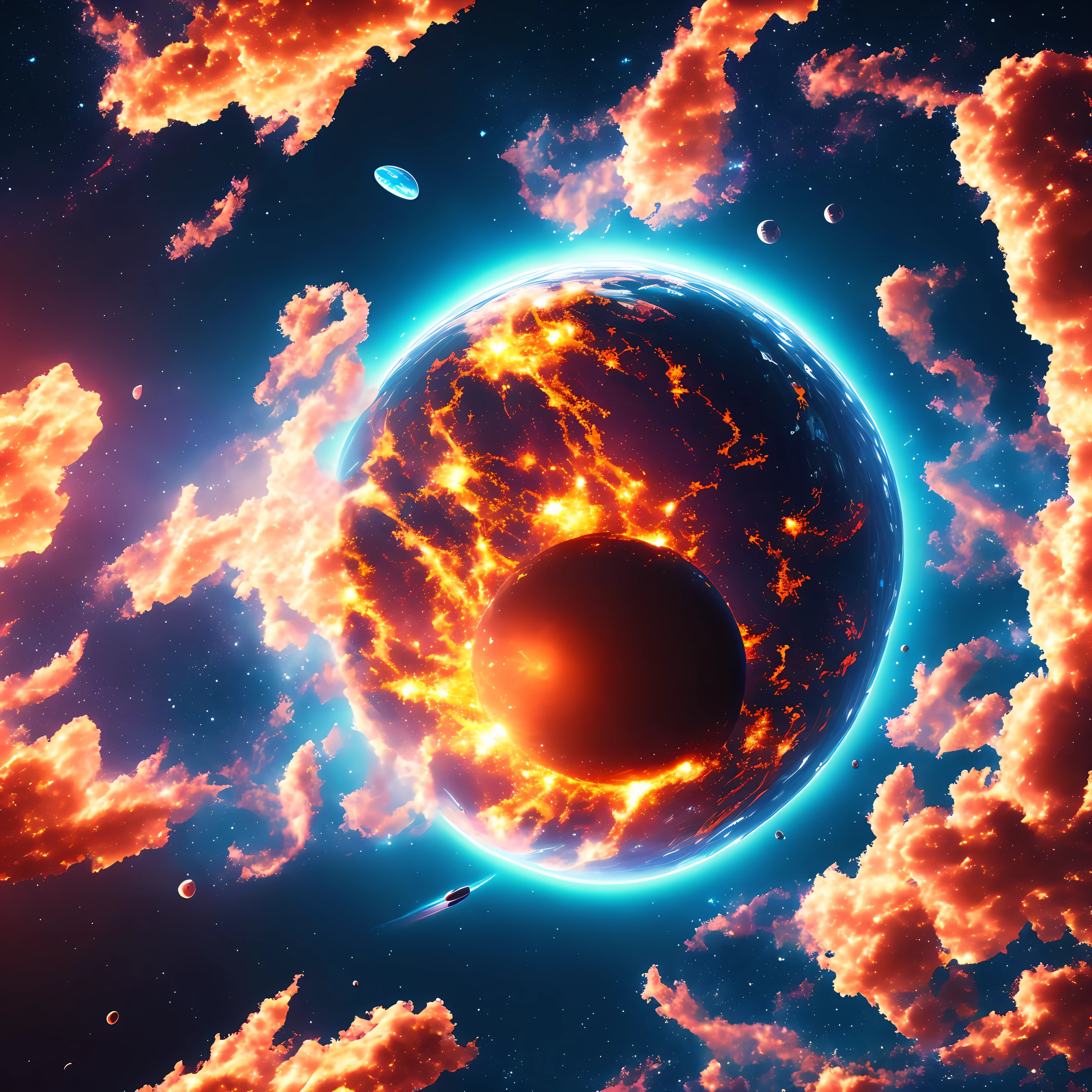 "Planet Earth exploding in space, background of the universe, cinematic scene of visual impact, with debris of the Earth flying in orbit, 3D vision and cinematic quality, 4k resolution." --auto --s2