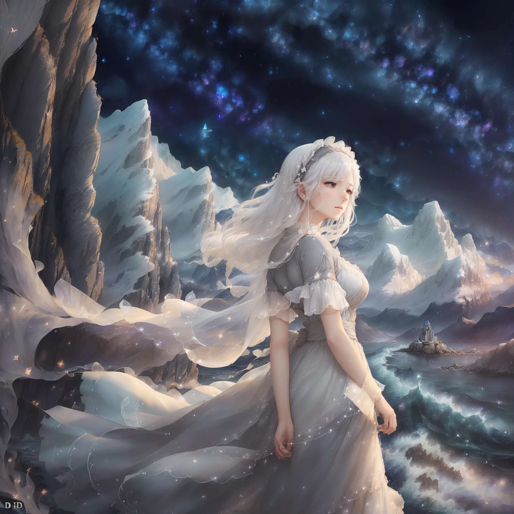 (((((HD resolution))), ((delicate))), ((Character aesthetics)))), ((Mysterious suspense)), ((Legend)), ((A white-haired witch))), ((Gray Barren Land)), (((Land of Flowing Wind)), ((Sea Breeze and Sea Rhyme)), ((Starry Sky)), ((Mountains Standing)) --auto --s2
